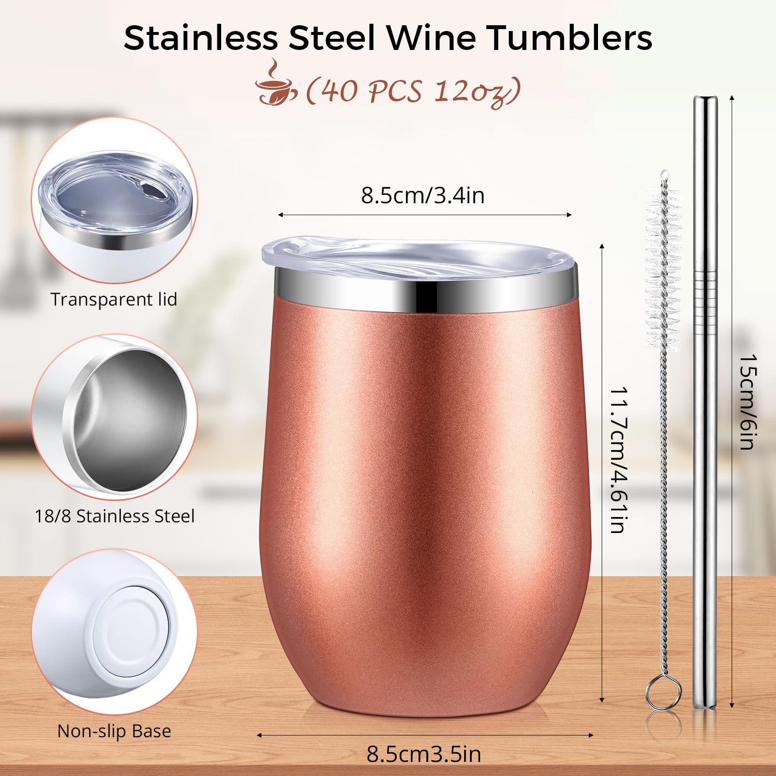 Sieral Isolierte Weingläser aus Edelstahl, 340 ml, mit Deckel und Strohhalmen, doppelwandig, Vakuum-Kaffeebecher für Hochzeit, Party, Mitarbeiter, Lehrer, Krankenschwester, Geschenke, Roségold, 40
