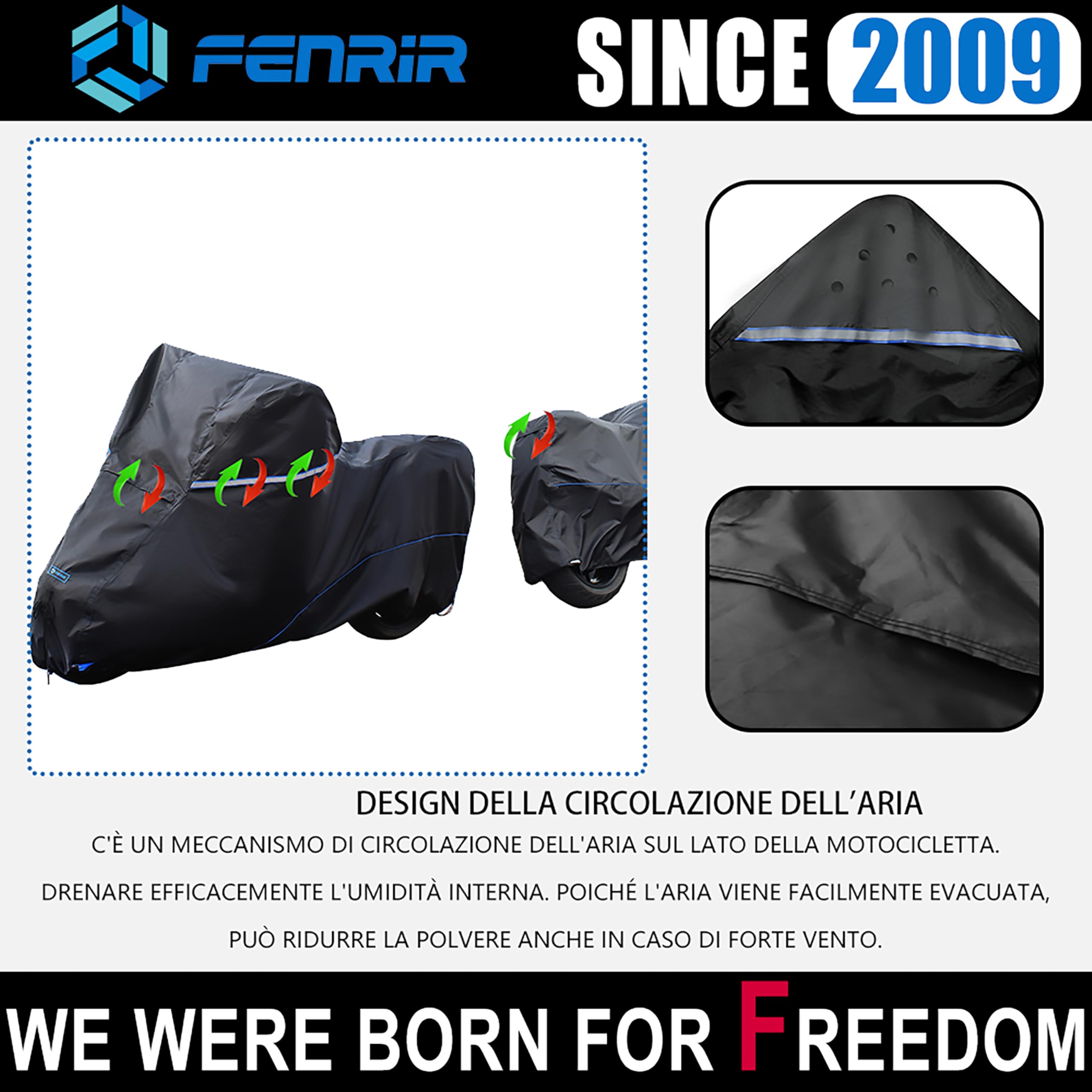 FENRIR 220CM 420D Coprimoto motocicletta telo copri moto da esterno telo coprimoto telo moto impermeabile Tubo di scarico con protezione UV resistente al calore per Scooter Naked Super Sport Enduro