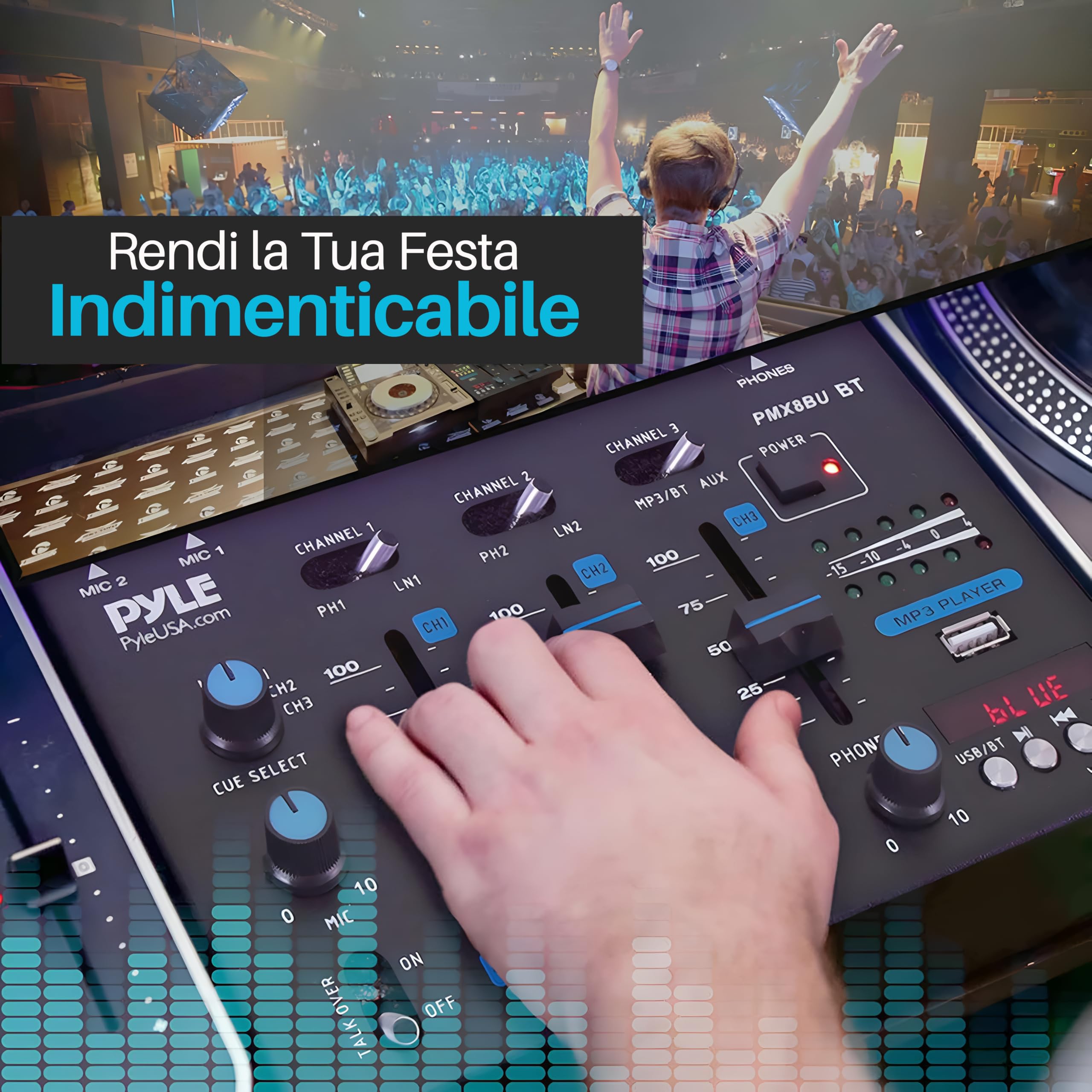 Pyle Mixer DJ Wireless, Mixer Audio Bluetooth 3 Canali, Talkover Microfono, Lettore USB, RCA Phono/Linea, Ingresso Microfono, Console DJ, Jack Cuffie