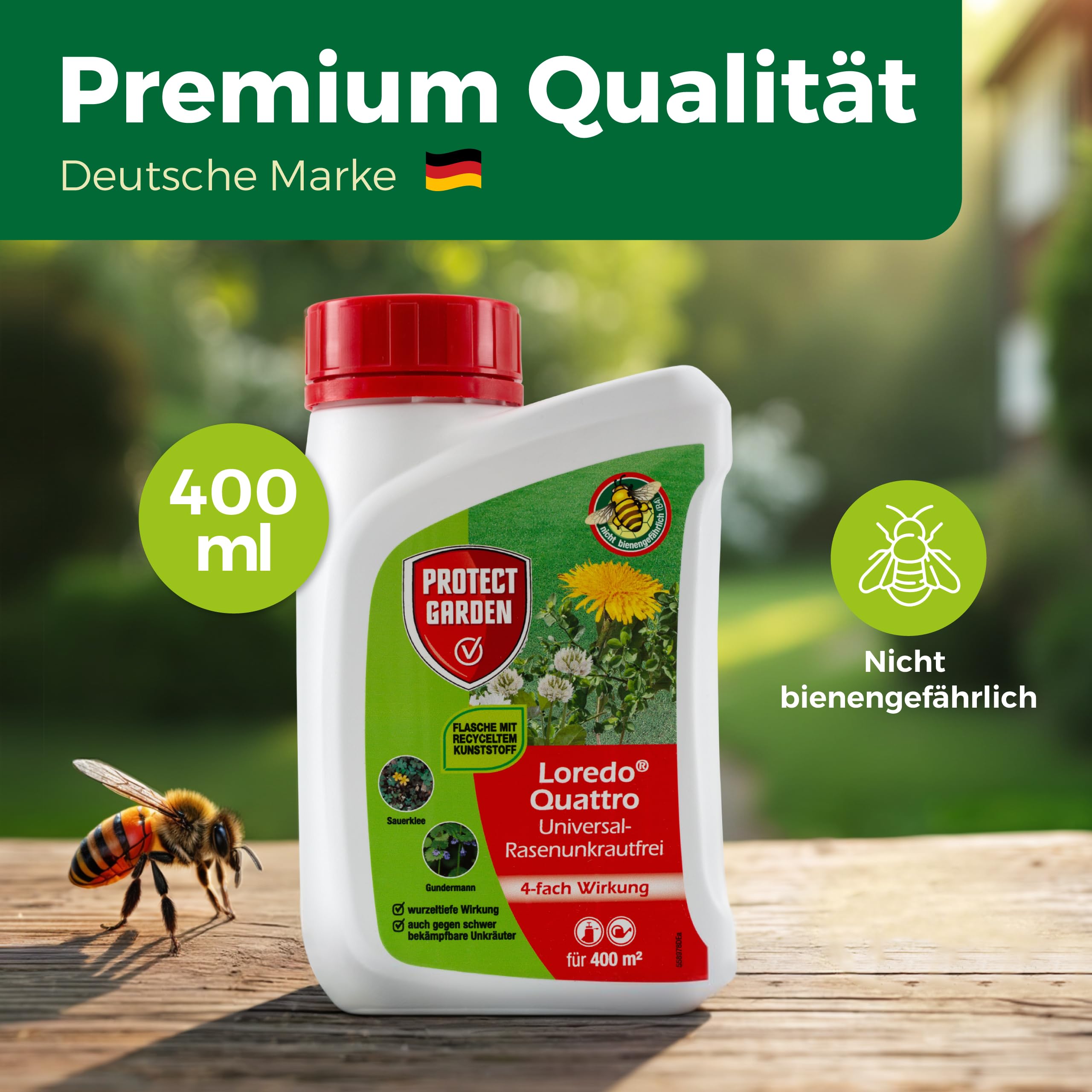 PROTECT GARDEN Universal-Rasenunkrautfrei Loredo Quattro Rasen-Unkrautvernichter gegen hartnäckige Unkräuter mit 4-fach Wirkung, 400 ml