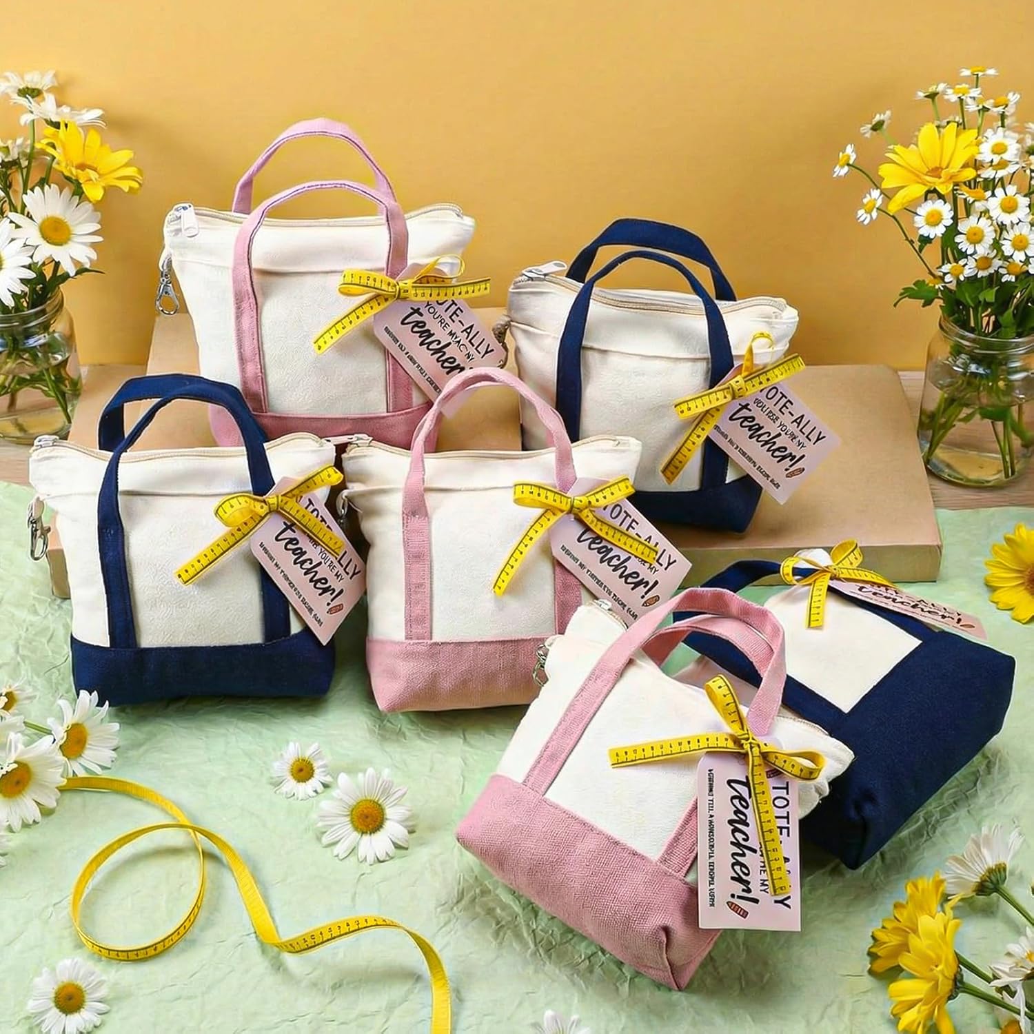 Sunnymove 6 Sets Mini Tote Bag Keychain for Teacher Appreciation Mini Canvas Bag Keychain with Tag Ribbon Raffia Thank You Teacher Appreciation Gift for Classroom (Classic Style,Pink and Dark Blue)