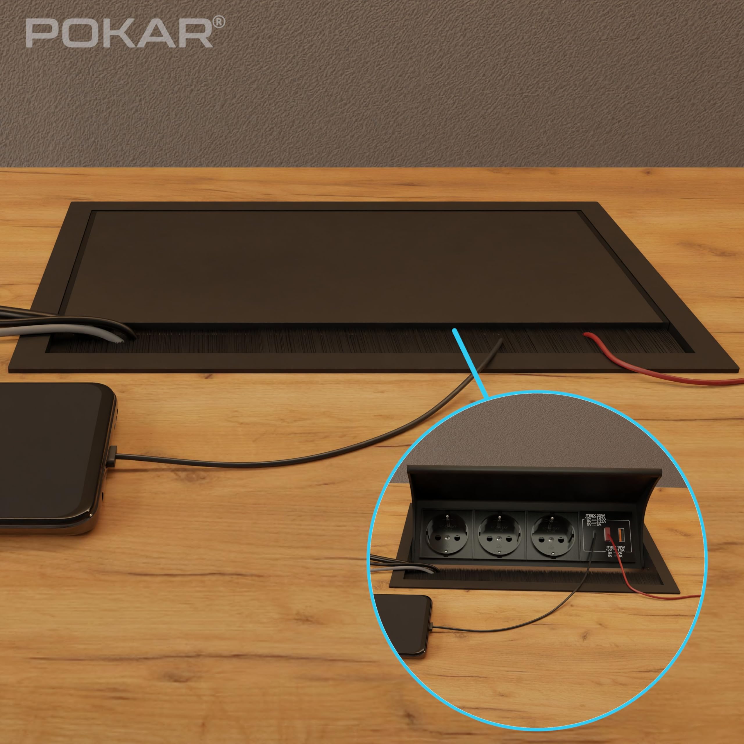 POKAR Regleta Enchufes Multiples Empotrada Regleta para Encimera con 3 Enchufes y USB C & 2 USB A para Escritorio