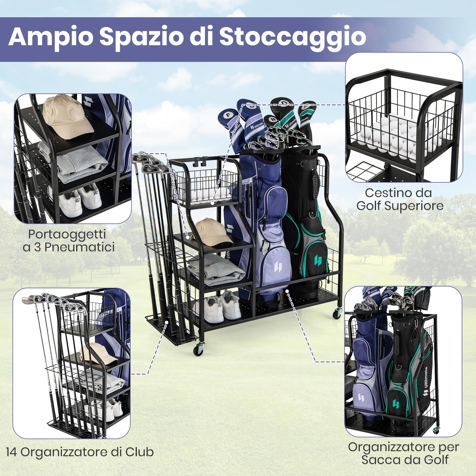 GYMAX Organizzatore per Borsa da Golf, Stand per Borse da Golf con Ripiano a 3 Livelli, Cestino Superiore, Organizzatore per 14 Mazze, 2 Ganci per Asciugamani Rimovibili e 4 Ganci Laterali