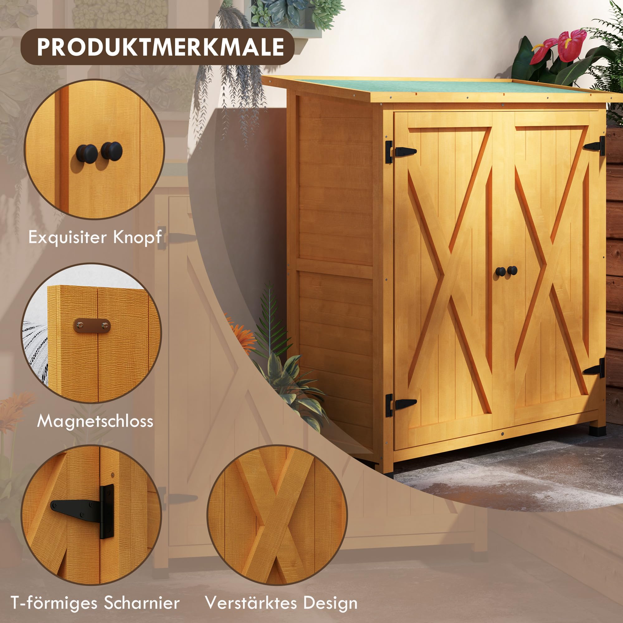 Outsunny Gartenschrank, Geräteschuppen aus Holz, Wetterfest Geräteschrank mit 2 Türen, Werkzeughaus mit Asphaltdach, Werkzeugschrank für Garten, Terrasse, 110 x 55 x 117 cm, Gelb