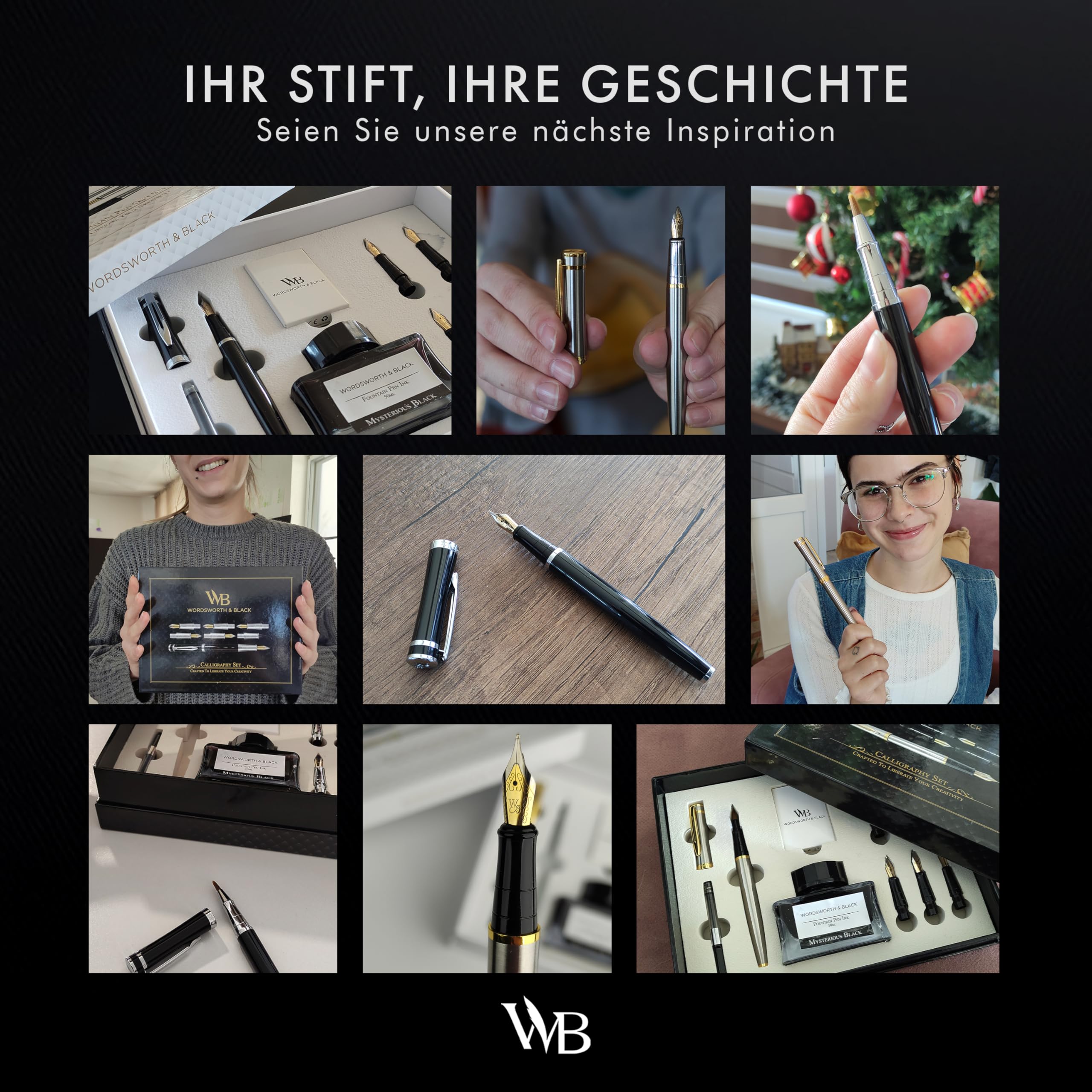 Wordsworth & Black Füllfederhalter-Geschenkset, beinhaltet Tintenflasche, 6 Tintenpatronen, Tintenauffüllkonverter, 4 Ersatzfedern, Premium-Paket, Journaling, Kalligraphie, [Grüner Chrom]
