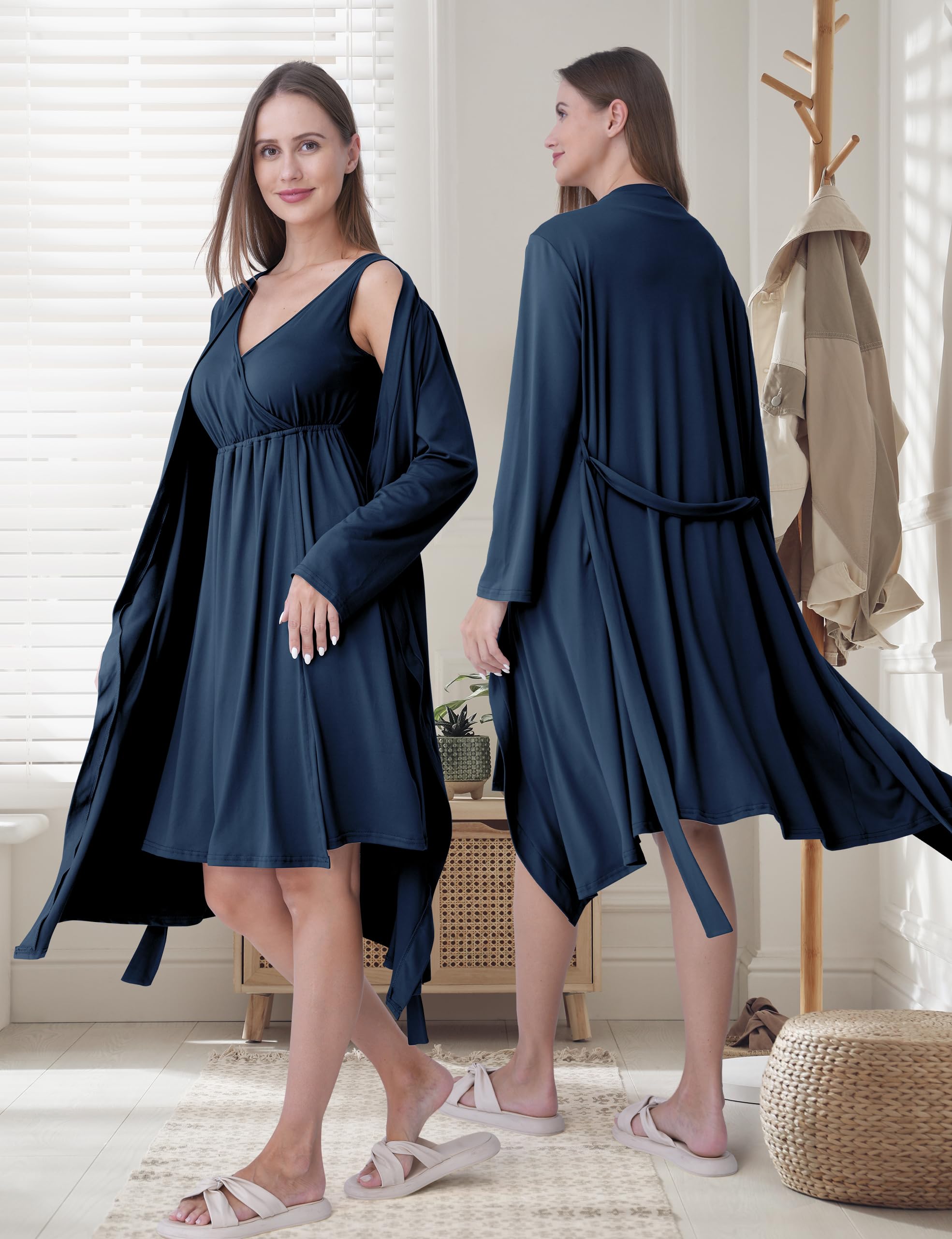 SUNNYBUY Camisón de maternidad y lactancia con bata, 2 piezas, juego de vestido de noche 3 en 1 para el parto, el parto y la lactancia, ropa de dormir hospital, azul marino, L