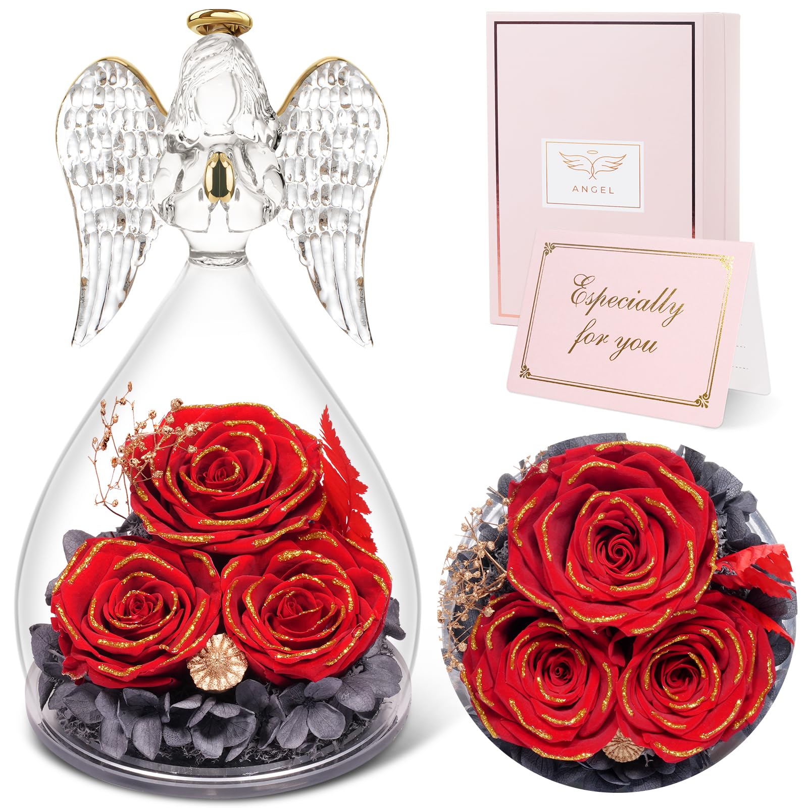 Sunia Cadeau Saint Valentin Femme, Rose Eternelle Cadeau Maman, 3 Fleur Eternelle avec Ange Figurine, Cadeau Anniversaire Femme, Cadeau Maman/Mamie, Ange Gardien Vraie Rose, Cadeau Fete des Grand Mere