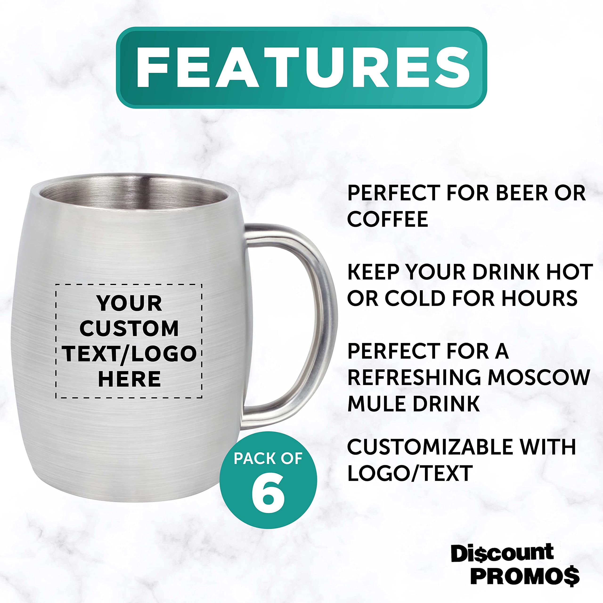 Custom Stainless Steel Mugs with Handle 14 oz. Set of 6, Personalized Bulk Pack - Double Wall, Perfect for Coffee, Beer, Other Hot & Cold Beverages - Silver