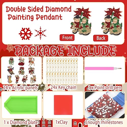 Miniatura 5 de Outus 24 Pcs Vintage Christmas Diamond Painting Keychains Christmas Double Sided DIY Diamond Art Vintage Santa Claus Reindeer Snowman Keychain