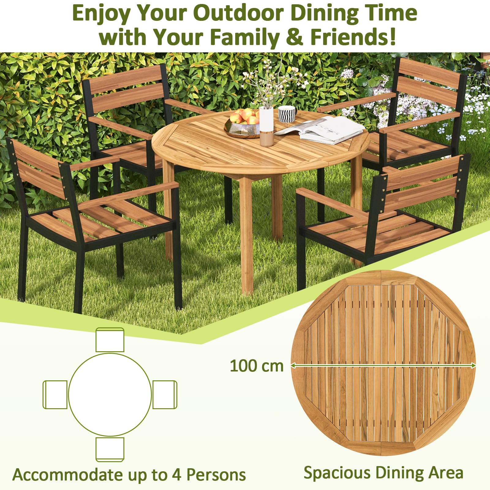 GIANTEX Tavolo da Pranzo Rettangolare da Giardino in Legno di Acacia | Foro Ø5 cm per Ombrellone, Capacità per 4 Persone, Dimensioni 100 x 100 x 75 cm, per Terrazza e Patio