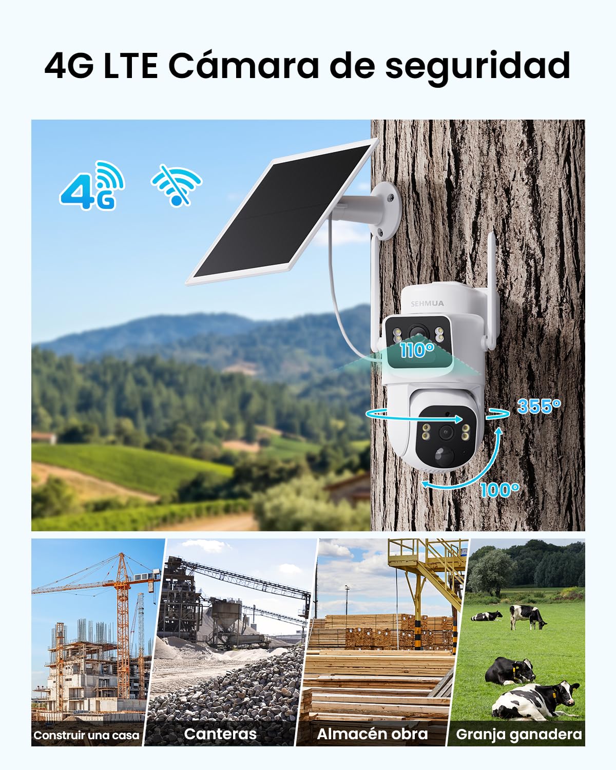 SEHMUA Cámara 4G Exterior Solar con Tarjeta Sim（Doble Lente） 2K+2K | Cámara de Vigilancia Inalámbrica con Detección Humana por IA, Alarma de Luz y Sonido, Visión Nocturna a Color, PTZ 360°, IP65