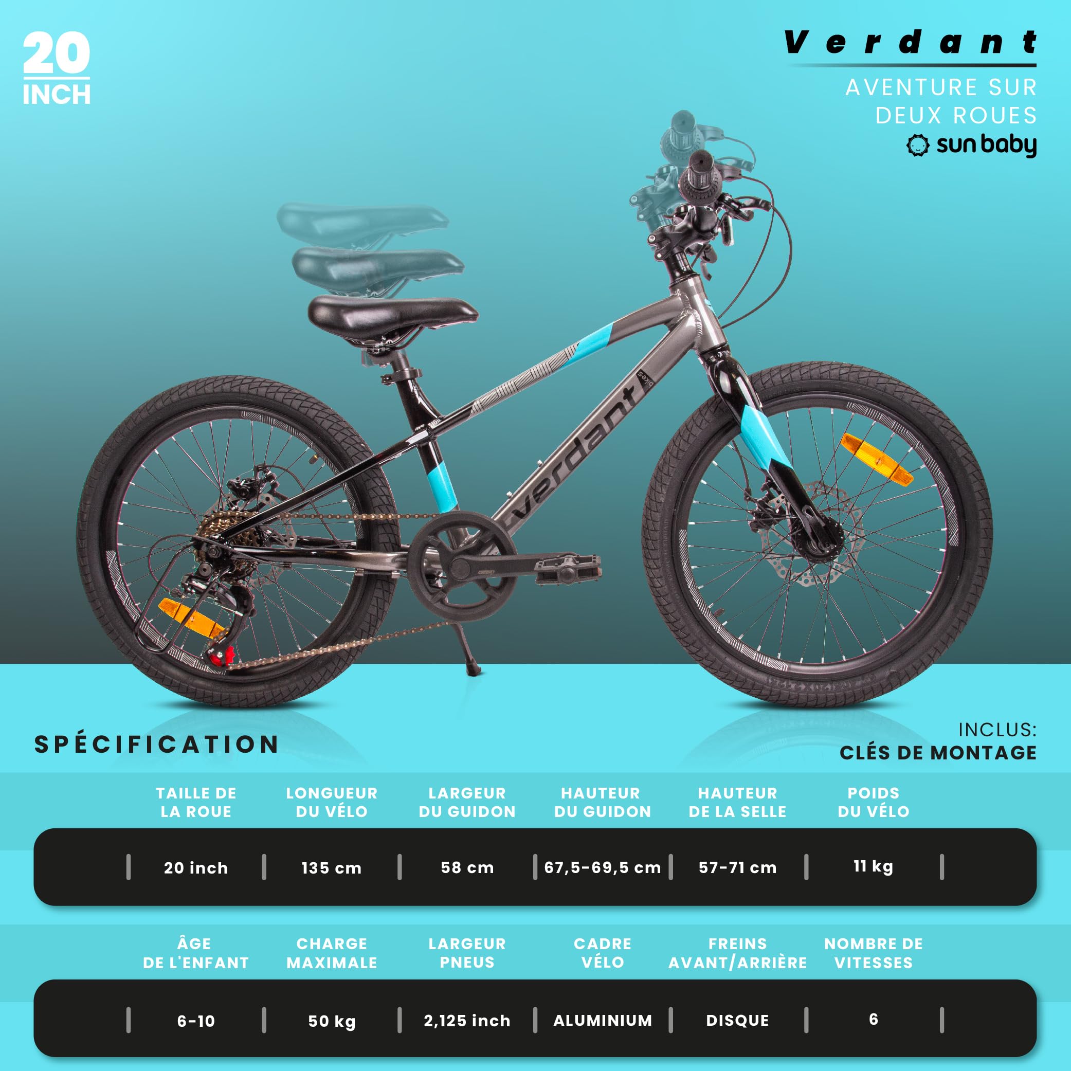 sun baby Verdant Alu Bike vélo garçon léger 20 Pouces | Vélo enfant 6–10 ans, cadre aluminium, 6 vitesses Shimano, hauteur réglable