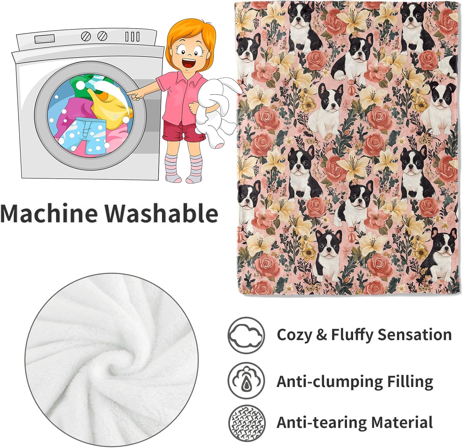 Boston Terrier Blanket,50x60in,Cute Dog and Vintage Floral Pink Throw Blankets,Gifts for Men Women & Pet Lovers, Lightweight Soft Fleece Cozy,for Sofa Couch Bed Room Rustic Retro Decor - Image 4