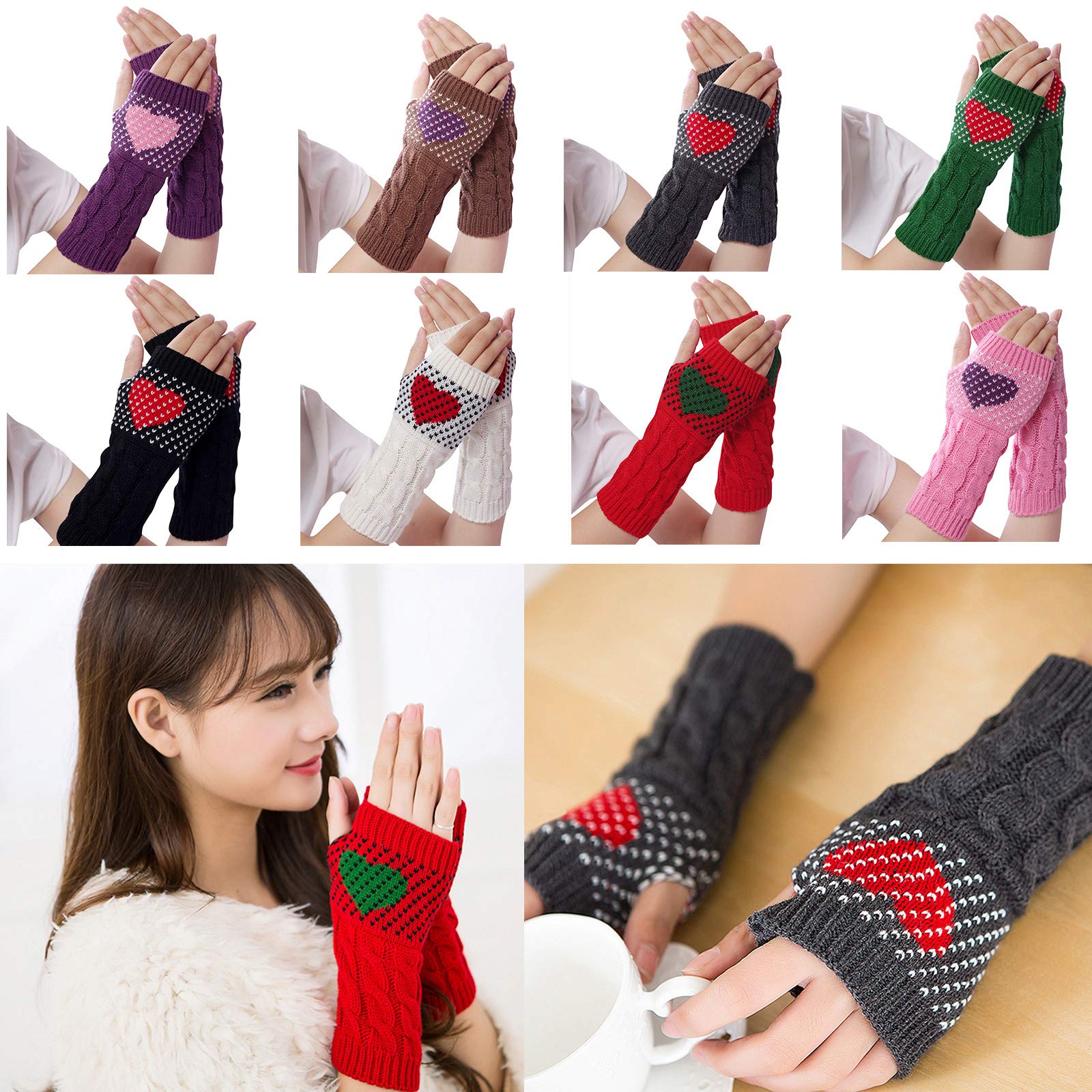 Dsgzkk Gloves,Women Winter Twist Cable Knit Half Finger Gloves Sweet Heart Driving Fingerless Mittens Thumbhole Arm Warmers
