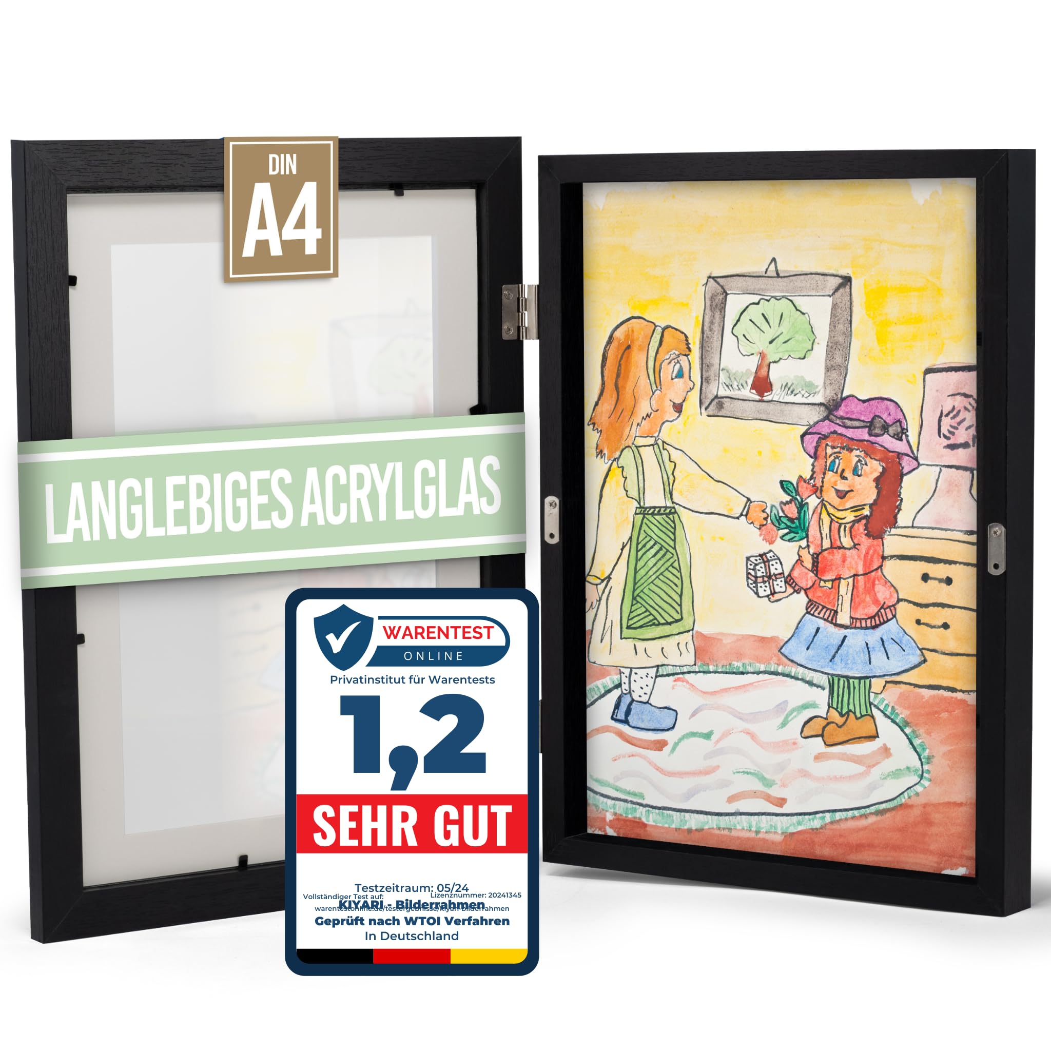 KIYARI Bilderrahmen Kinderzeichnungen A4, Schwarz Aufklappbar & Frontöffnung, für bis zu 150 Zeichnungen, Robustes Holz & bruchsicheres Glas, Ideal für Kunstprojekte, Kinderzimmer & Schule
