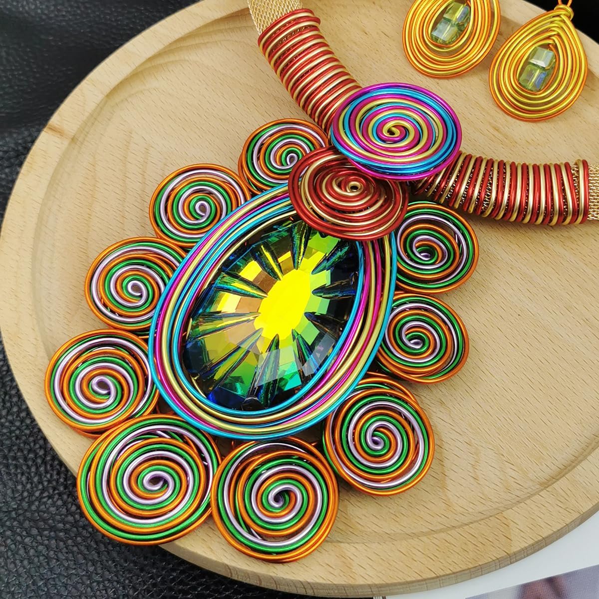 African Jewelry Sets Statement Big Crystal Pendent Necklace Earrings Set For Women Handmade Bib Collar Costume Tribal Fashion Accessories - Image 4