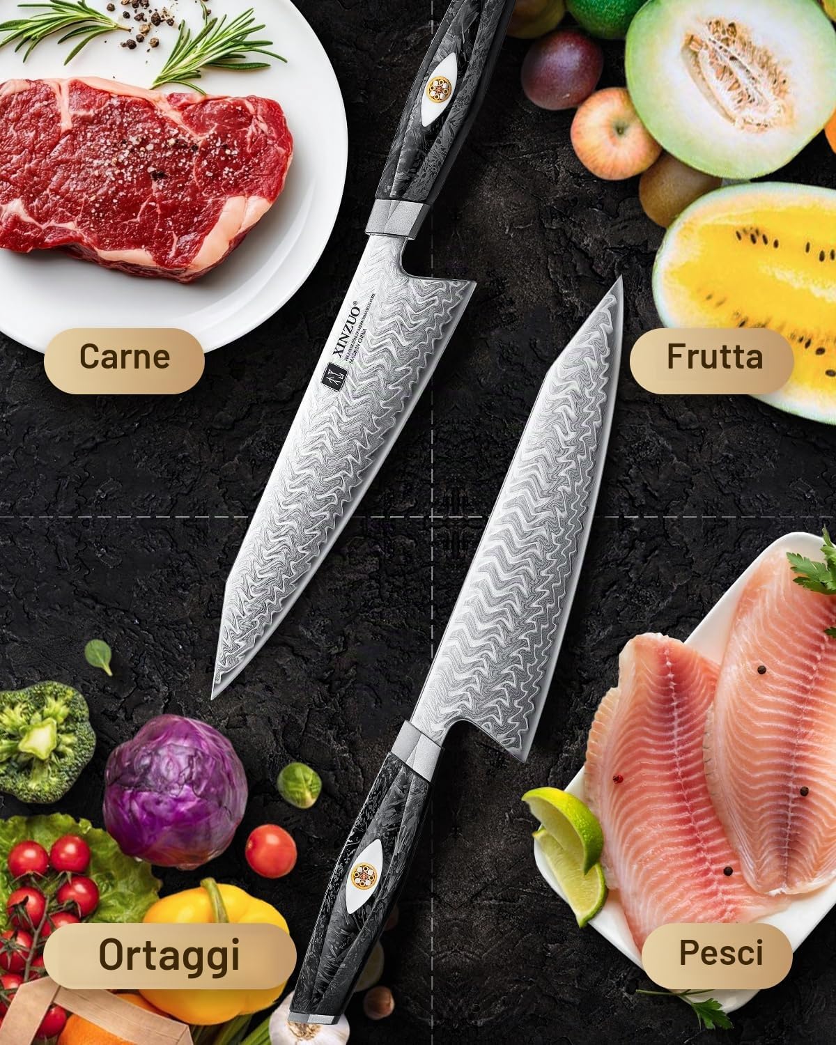 XINZUO 21,5cm Coltello da Cuoco Acciaio Damasco a 145 Strati Forgiato a Mano Professionale Coltello da Chef da Cucina -Acciaio in Polvere M390 Austriaco -Manico in Resina di Fibra di Carbonio Nera