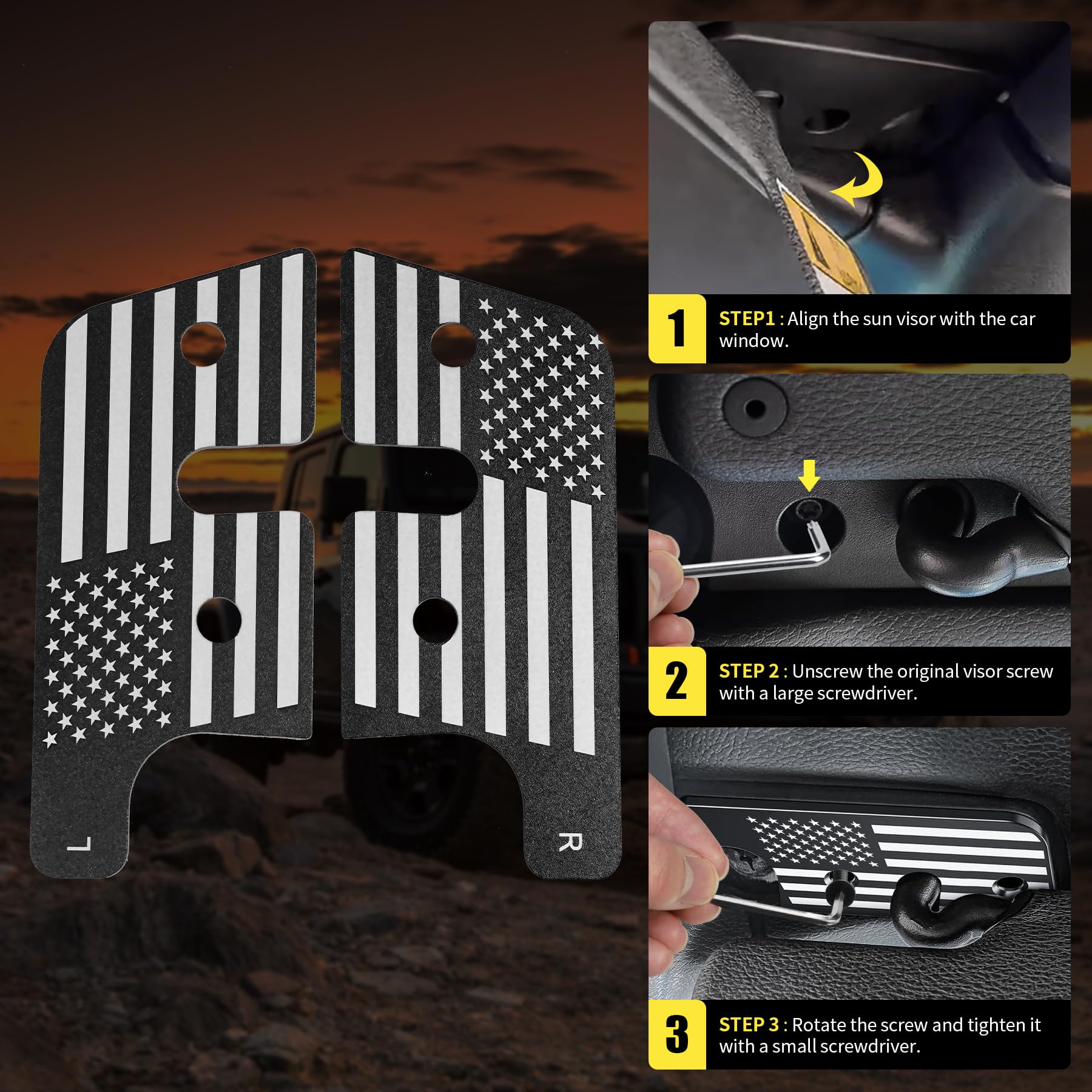 JORMIX 2 Packs Upgraded Sun Visor Repair Kit, American Flag Sun Visor Clips fit for Jeep Wrangler JK 2018, JL 2018-2023, 2020-2023 Gladiator Accessories, Quick & Easy Fix Visor Clips Aluminum Alloy