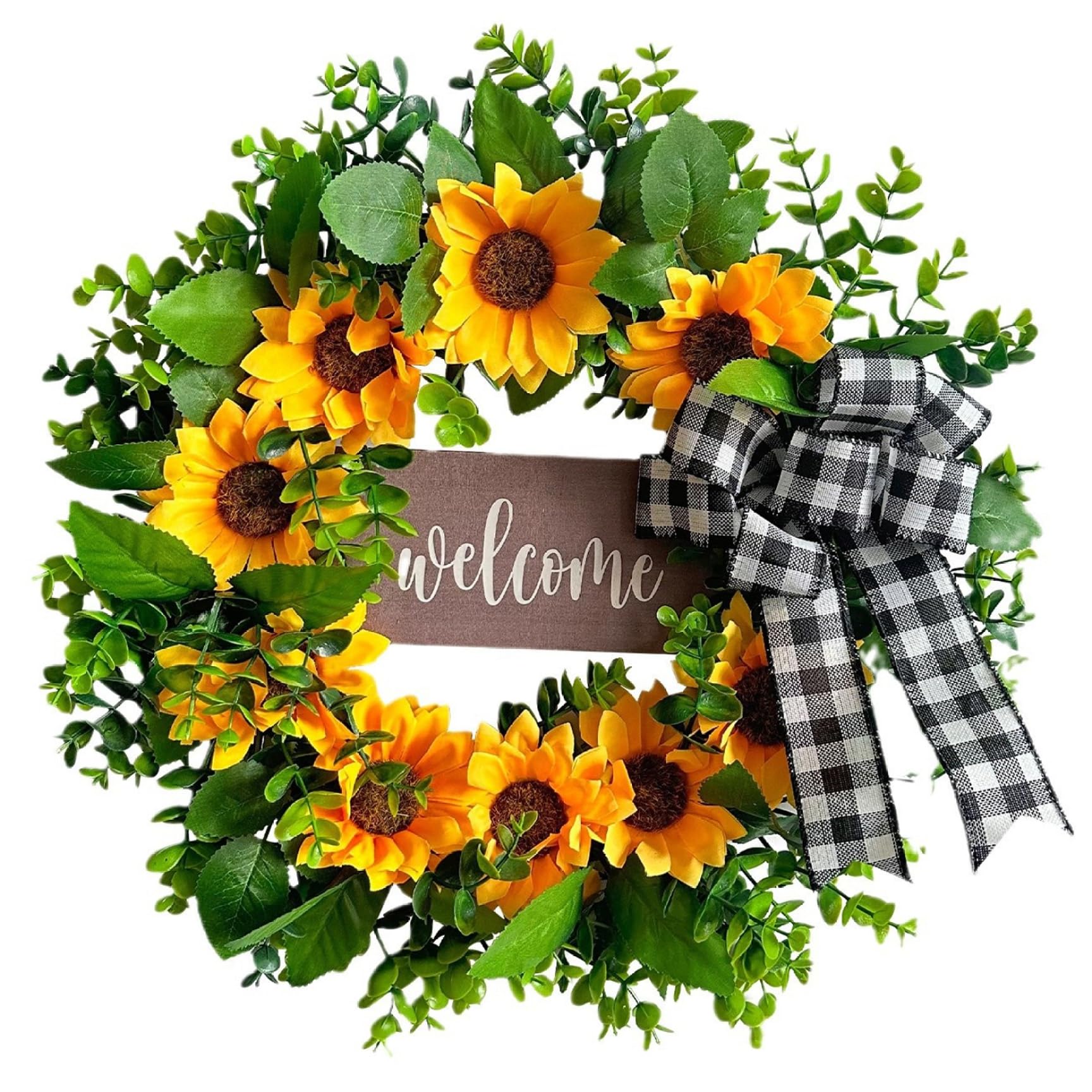 Bemonew Sunflower Decor Sunflower Wreath with Welcome Sign for Front Door 17.72 Inch Spring Summer Door Decor, Farmhouse Porch Hanger