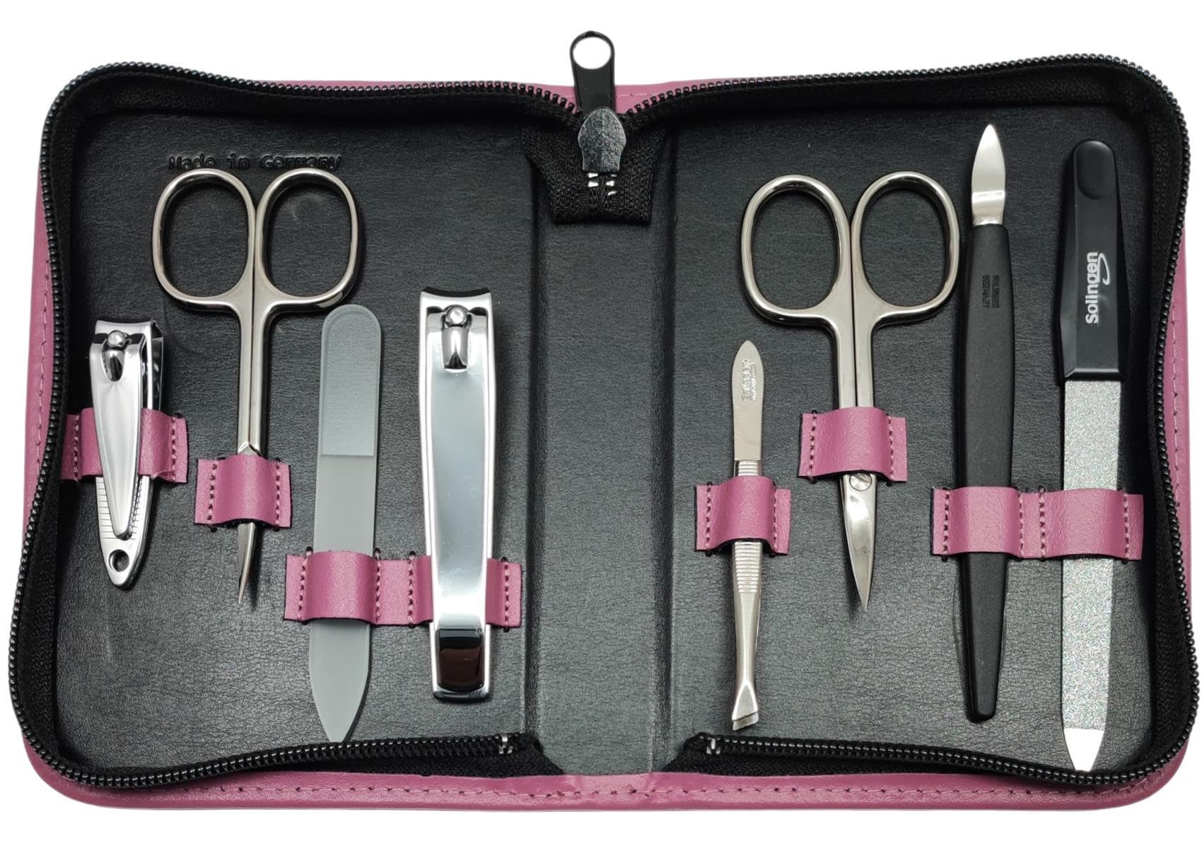 8-teiliges Maniküre-Set Echtleder Etui · Solingen Instrumente · Made in Germany Beere