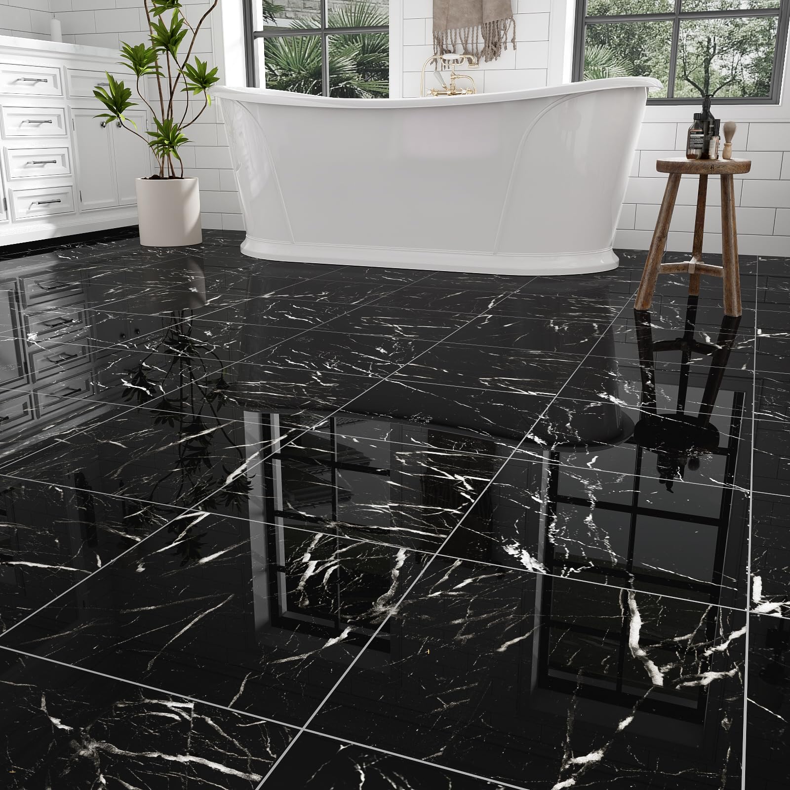 30-Pack Peel and Stick Floor Tiles Vinyl Floor 12 x 12 inch Self Adhesive Waterproof Flooring Planks DIY for Bathroom, Kitchen, Living Room, RV, Cover 30 Sq. Ft, Polish Black Marble