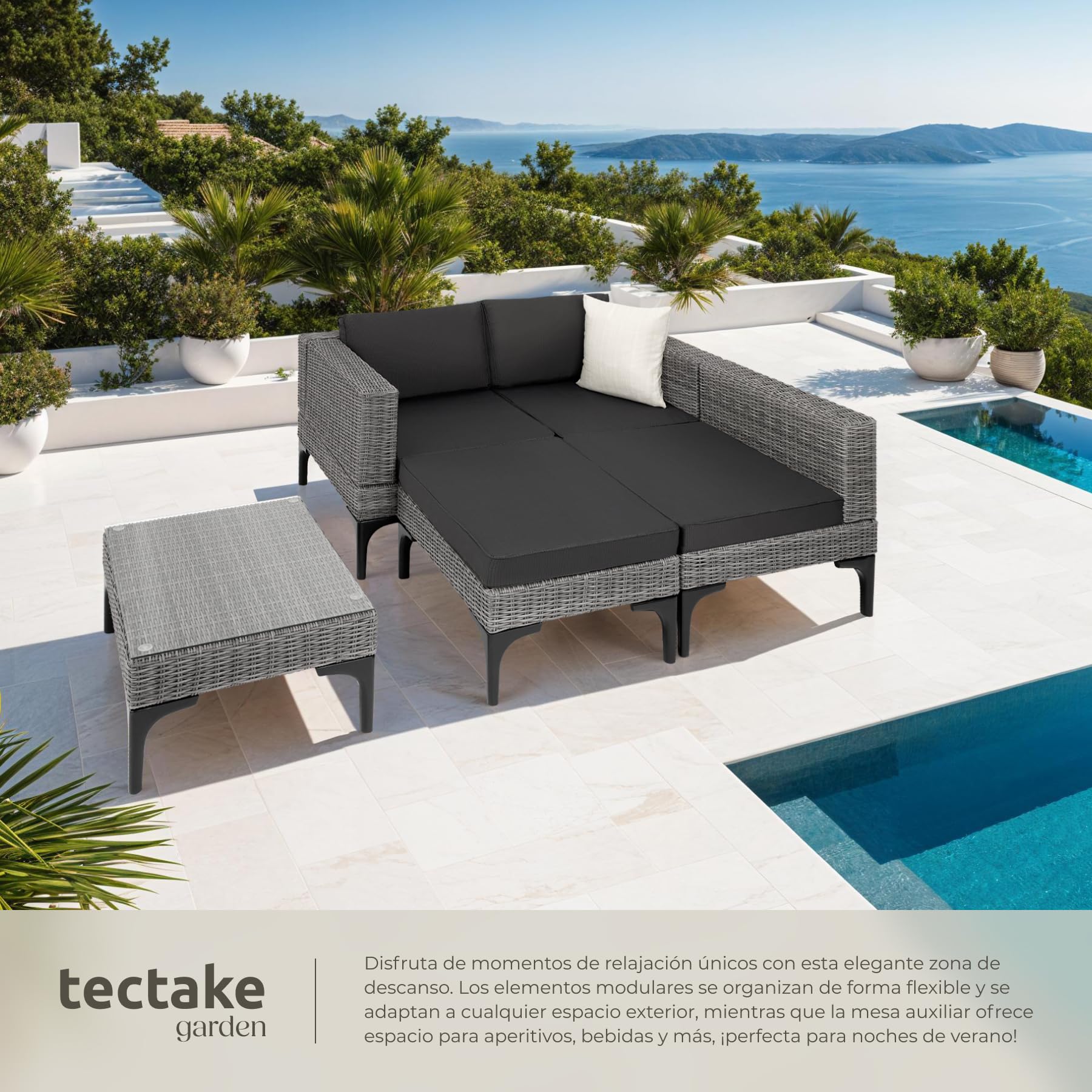 TecTake® Conjunto Jardín en Ratán y Aluminio, Cojines 8 cm, Conjunto Terraza Resistente a la Intemperie, Muebles Jardín Exterior 1 Sillón, 1 Taburete, 1 Mesa con Cristal, Fundas Extraíbles - Gris