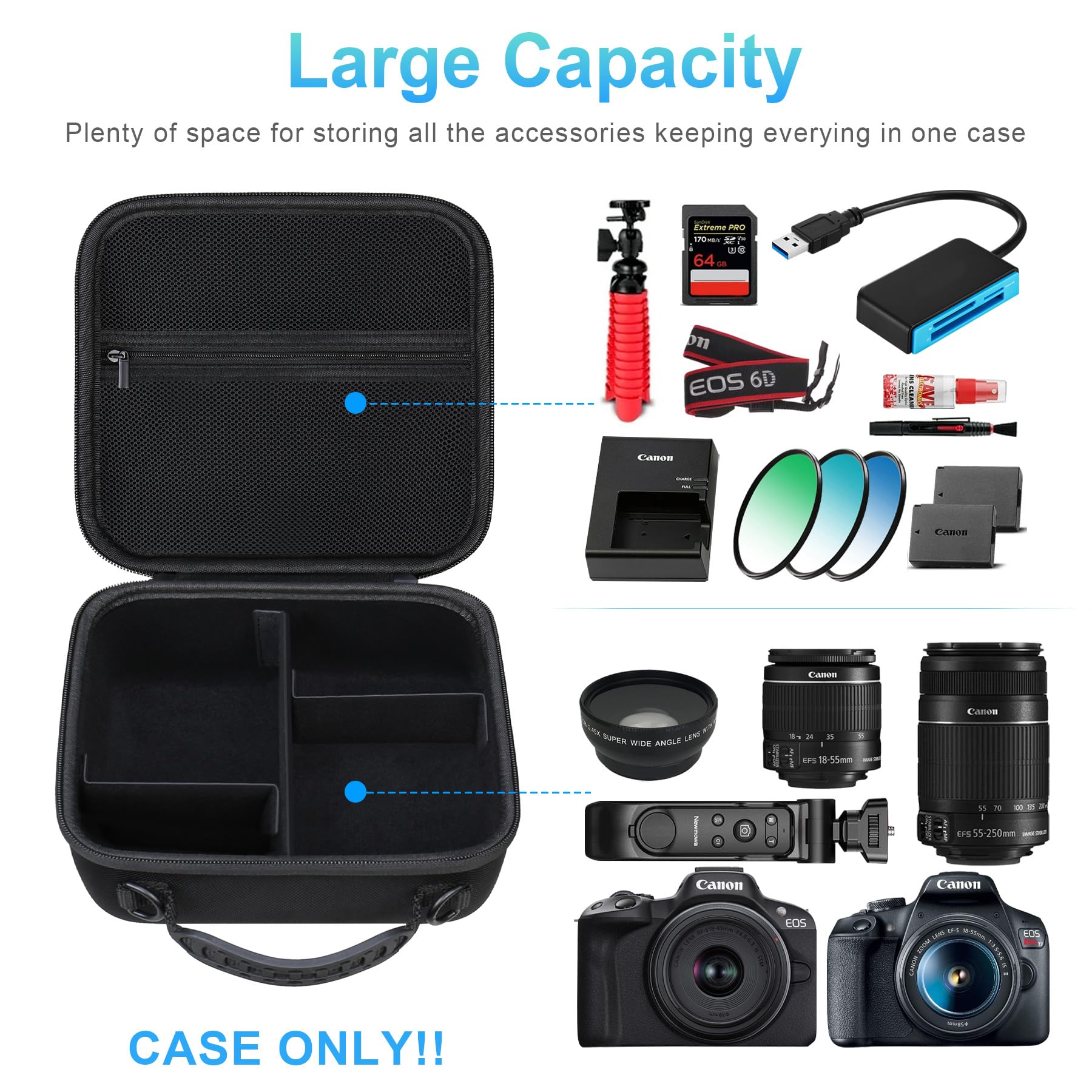 BOVKE Viaje Estuche para Canon EOS 2000D / 4000D /250D / R6 Mark II / R8 / R10 / R100 Cámaras y Otras cámaras SLR DSLR, Objetivo Extra y trípode con divisores y Correa de Hombro, Negro