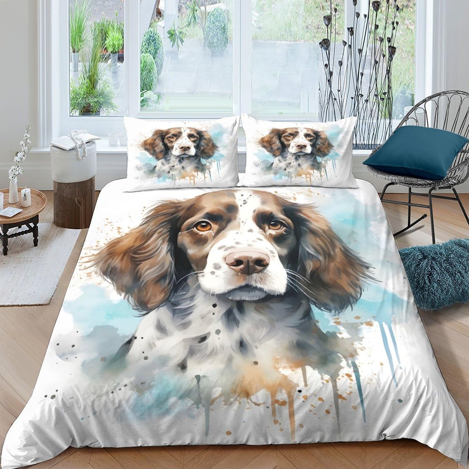 Ctjqhvkz Style-9 3D Printed Springer Spaniel Dog Fitted Sheet Microfiber Soft Bed Sheet Watercolor Art Mattress Cover Bedroom Decor Single（135X200cm）