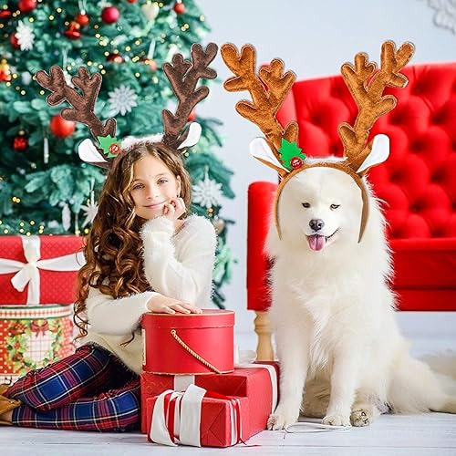 Miniatura 7 de HANSGO Diadema de cuernos de reno, 2 diademas de cuernos de ciervo con campanas, diadema de orejas de reno de Navidad