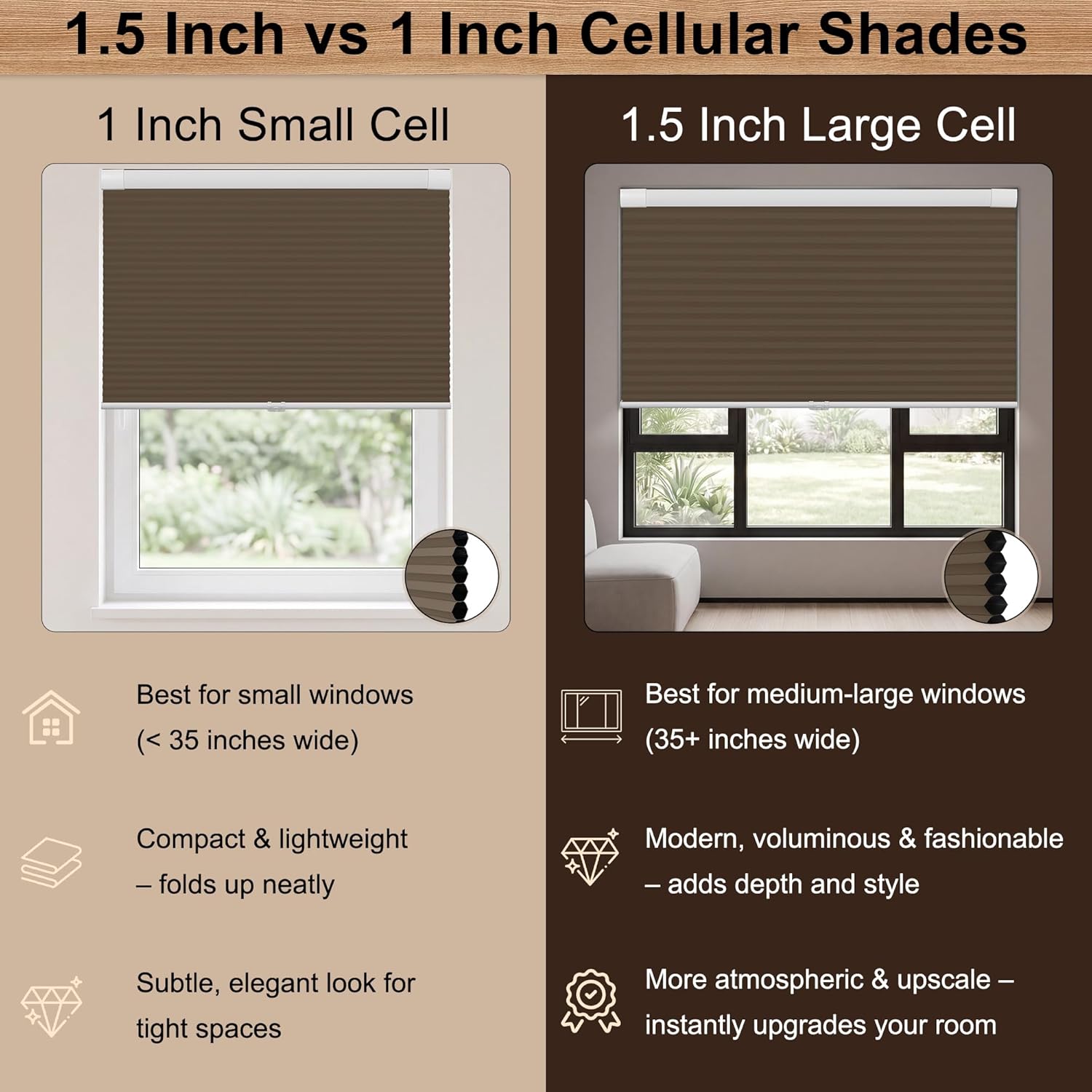 No Drill No Tools, 70" W x 56" H 1.5 Inch Blackout Cellular Shades Cordless Easy Install Honeycomb Blinds Thermal Insulated Blinds for Indoor Windows, Brown