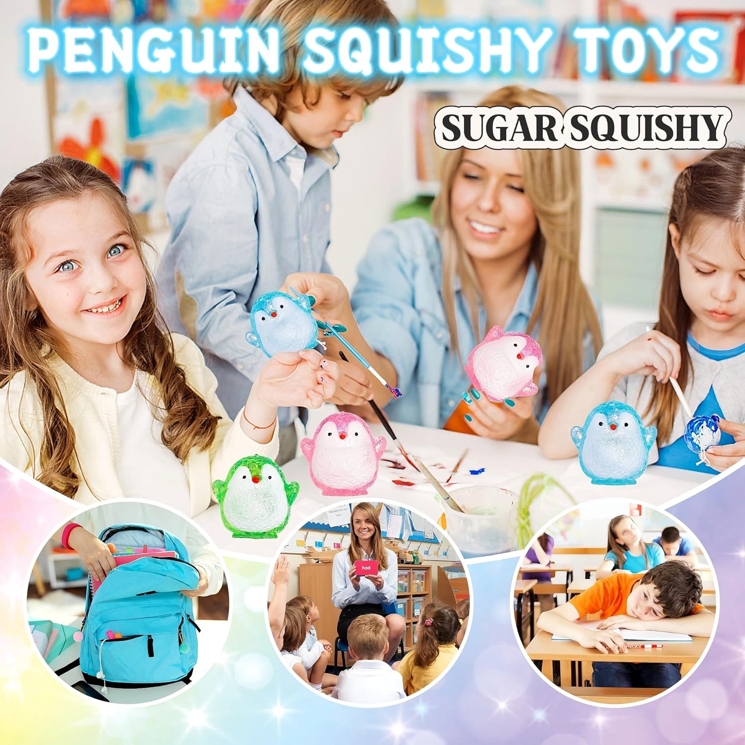 1Pcs Blue Penguin Sugar Stress Ball Squishy Toys for Kids Adults- Soft Cute Animals Squeeze Sensory Toy Anxiety & Stress Relief Squishy Penguin Sugar Ball for Birthday Classroom Prizes