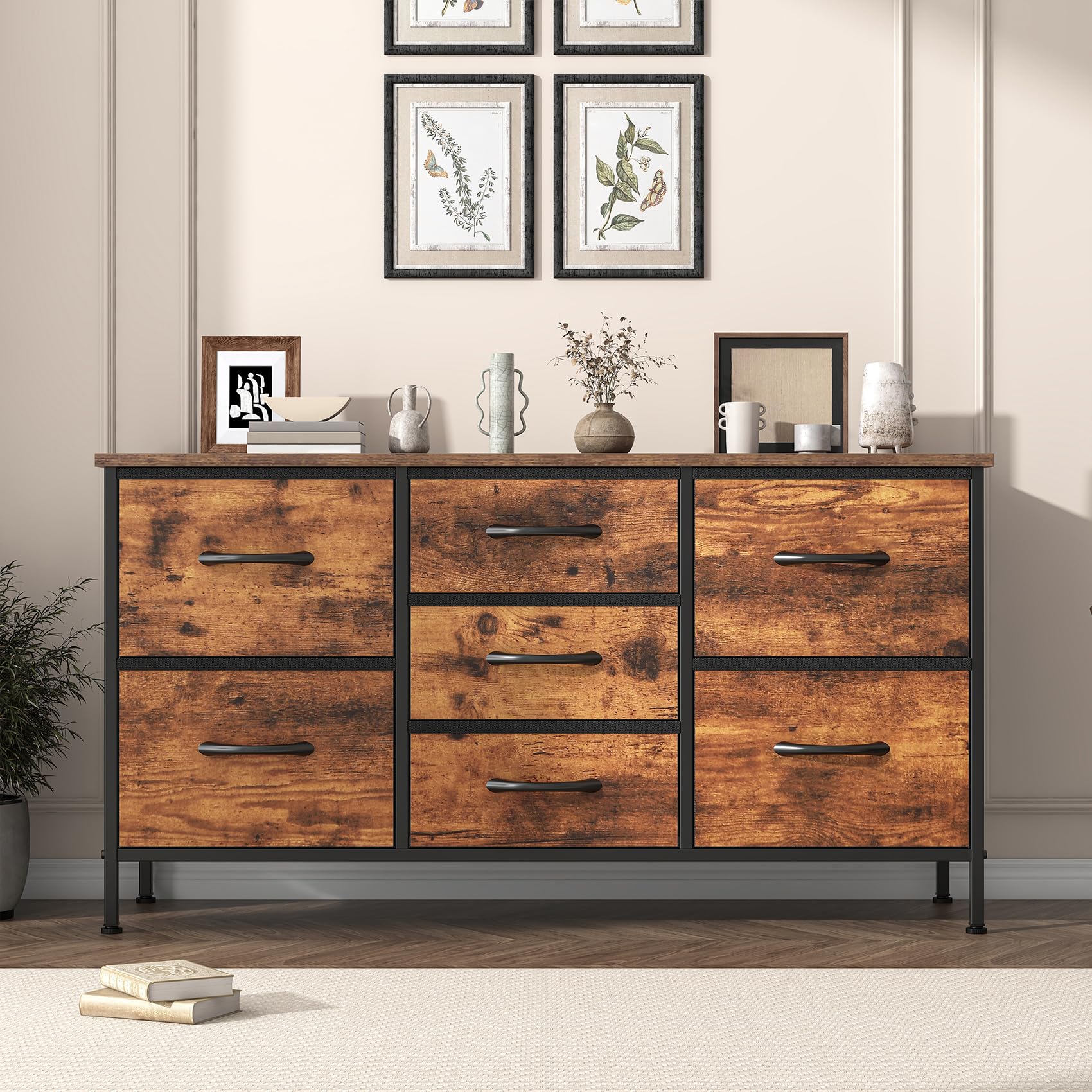 Feonase Chest of Drawers,Bedroom Dresser with 7 Fabric Drawers, Metal Frame & MDF Wood Top, Adjustable Feet, Storage Organizer Unit for Bedroom, Closet, Living Room, Office Hallway, Rustic Brown