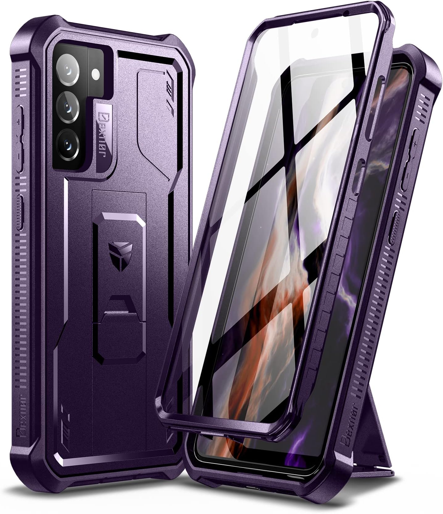 for Samsung Galaxy S21 FE Case, [Built in Screen Protector and Kickstand] Heavy Duty Military Grade Protection Shockproof Protective Cover for Samsung Galaxy S21 FE 5G, 6.4 inch Phantom Purple