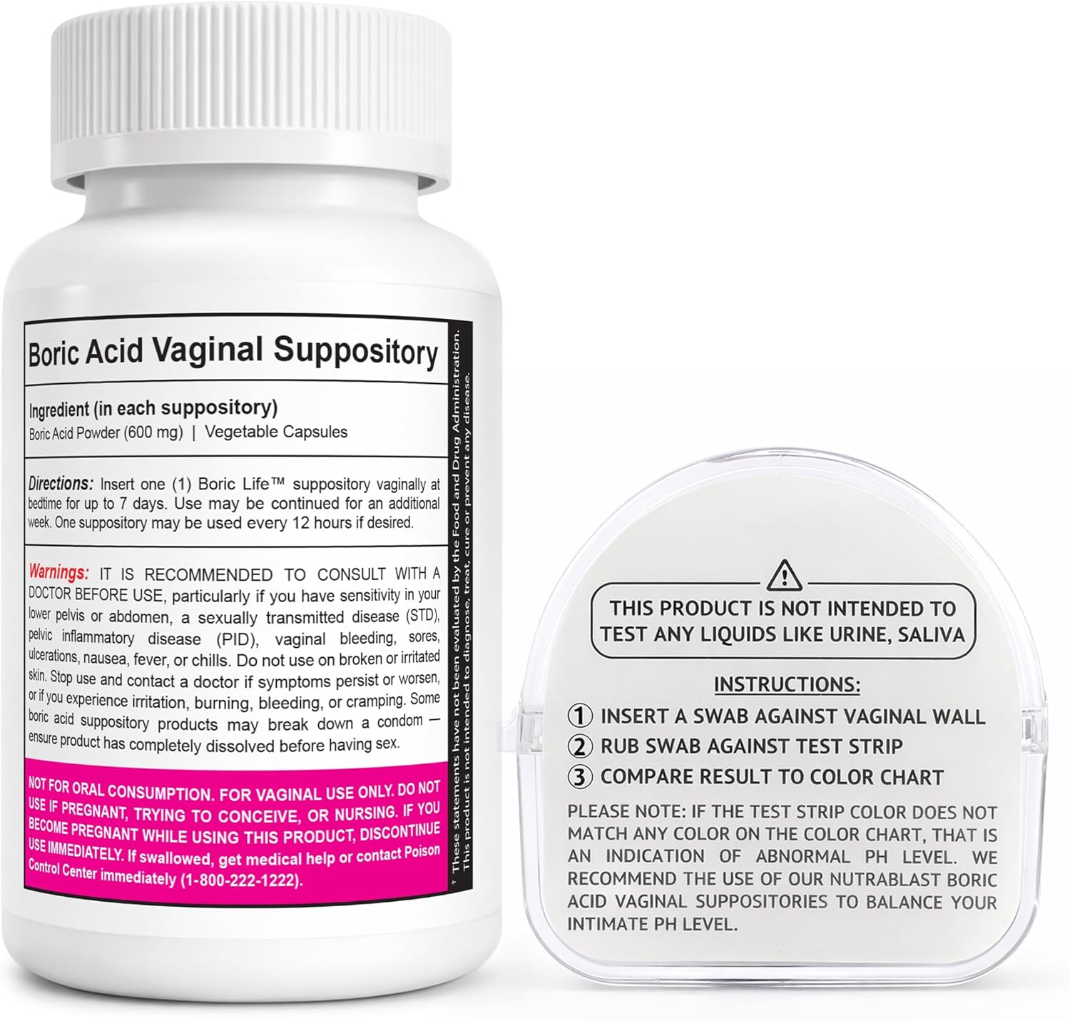 NutraBlast Boric Acid Suppositories 600mg (30 Count) Bundle with Feminine pH Test Strips 3.0-5.5 (100 Tests Roll) | Monitor Intimate Health | Accurate Women’s Acidity & Alkalinity