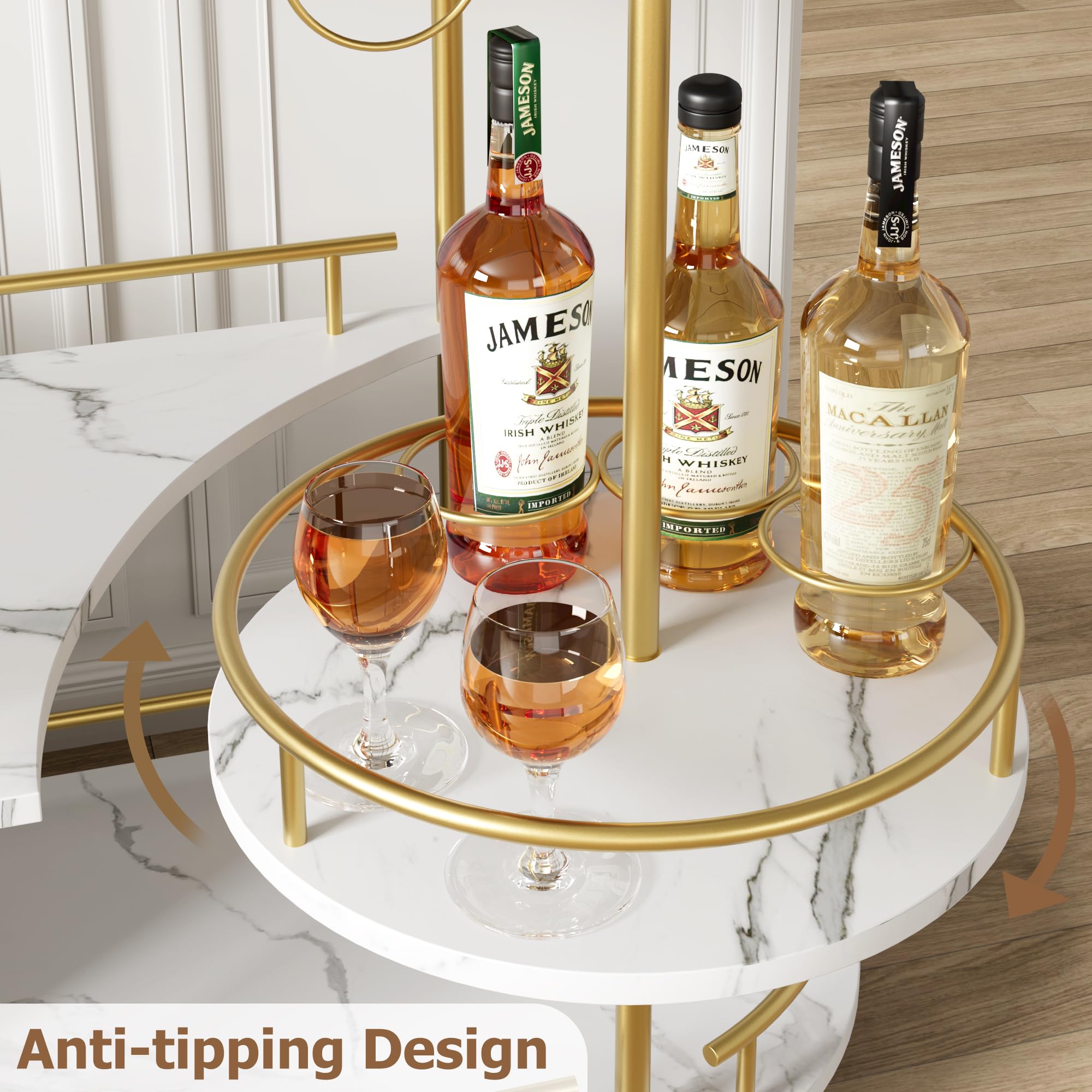 Muebles de Bar,Carros de Vino,Estante de Botellas de 3 Niveles, Ovalado, Base Blanca,Carro de deesert Estructura de Metal Dorado, construcción de gres porcelánico y Metal, Dimensiones 94 × 87 × 40 cm