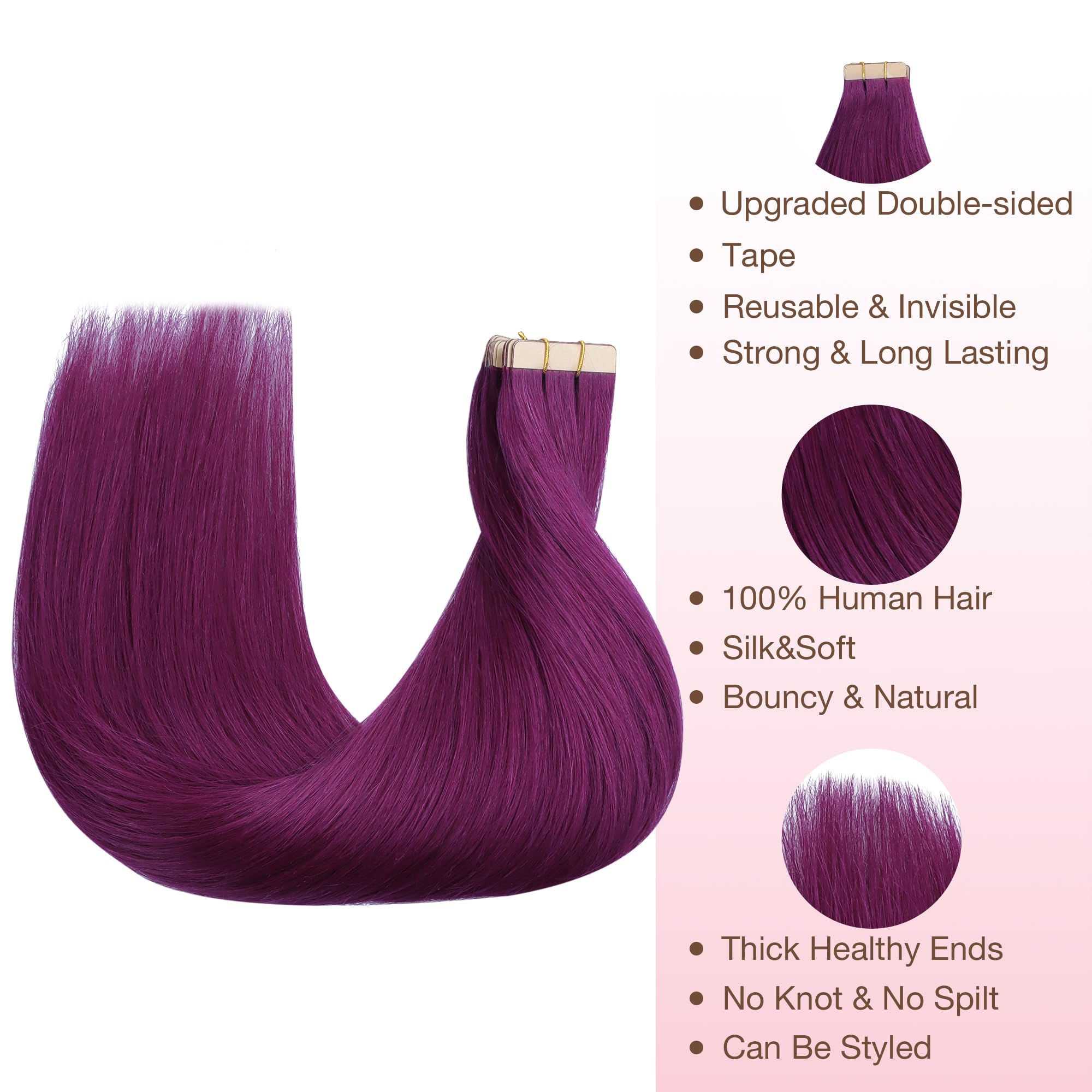 GOO GOO Tape in Hair Extensions Human Hair, Violet 10pcs 25g 16inch, Colored Tape ins Human Hair Extensions - Image 2