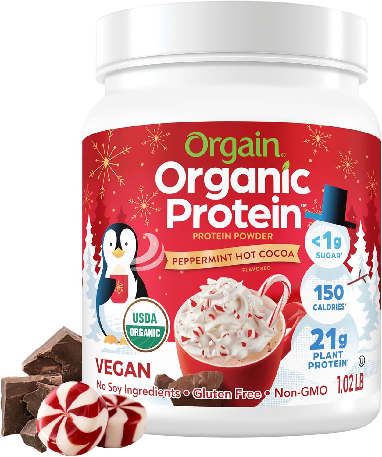 Orgain Organic Vegan Protein Powder, Peppermint Hot Cocoa Holiday Flavor - 21g of Plant Protein, 5g Prebiotic Fiber, No Lactose Ingredients, No Added Sugar, Non-GMO, For Shakes & Smoothies, 1.02 lb