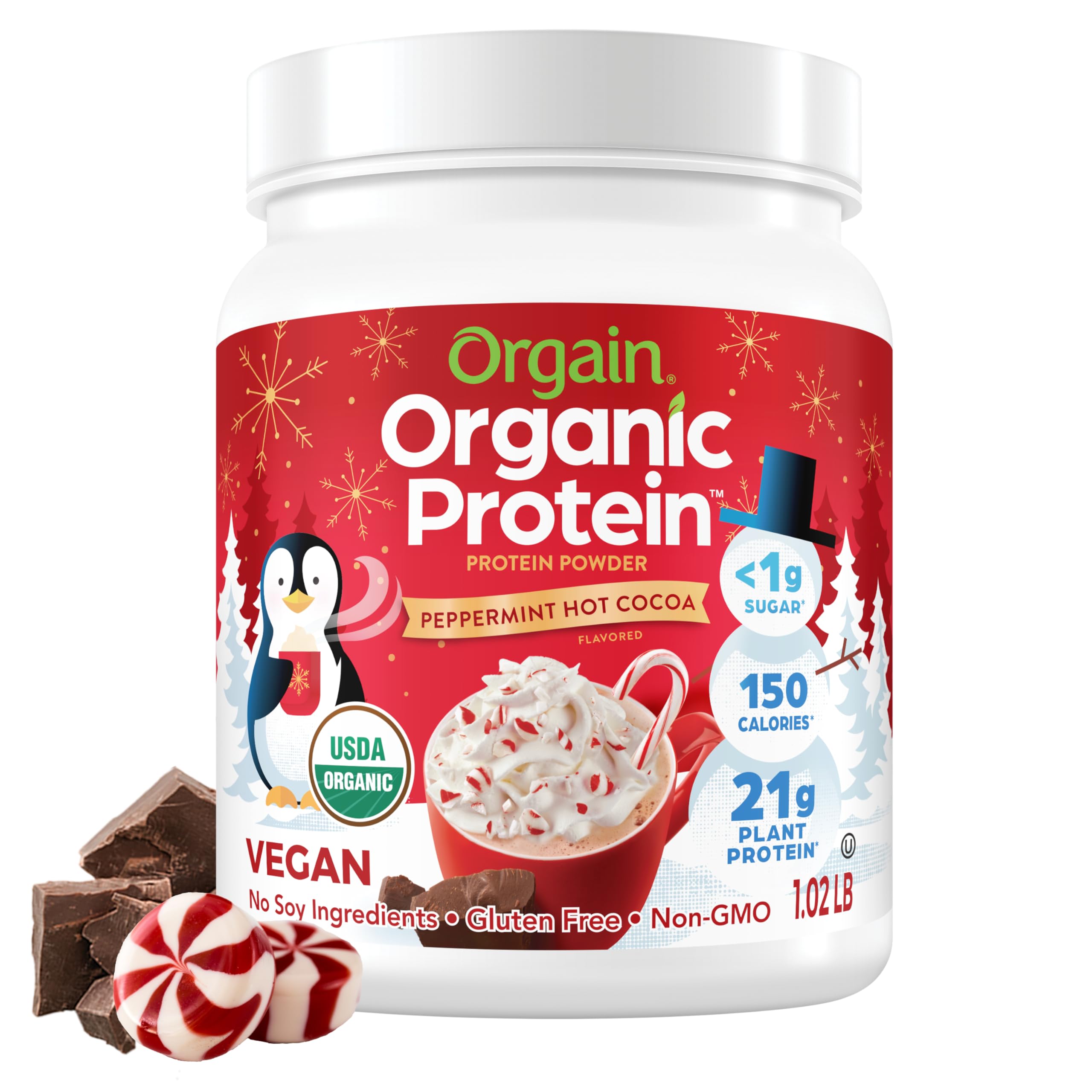OrgainOrganic Vegan Protein Powder, Peppermint Hot Cocoa Holiday Flavor - 21g of Plant Protein, 5g Prebiotic Fiber, No Lactose Ingredients, No Added Sugar, Non-GMO, For Shakes & Smoothies, 1.02 lbUSDA Organic