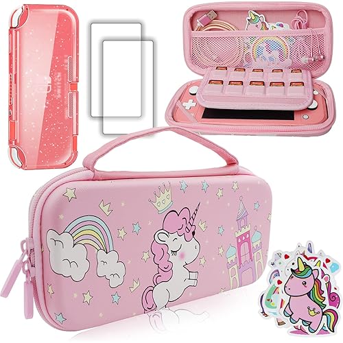 Pink Unicorn Carrying Case Compatible with Nintendo Switch Lite with Crystal Glitter Soft Protective Case Cover+Screen Protector+Stickers, Hard Storage Case Accessories Kit for Girls Birthday Gift