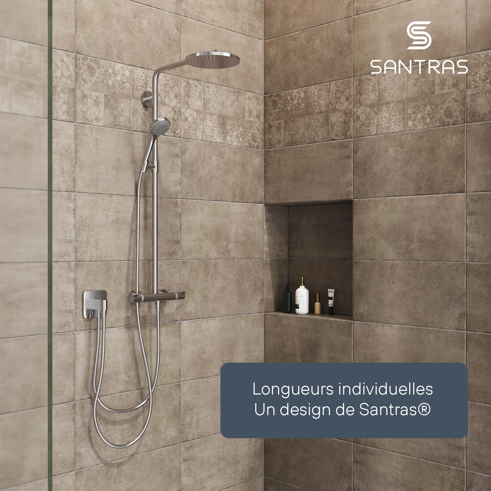 SANTRAS® Flexible de Douche 0,50 m inox Chromé – tuyau douche anti-torsion et anti-pliure | raccord universel 1/2" avec joints pour douche
