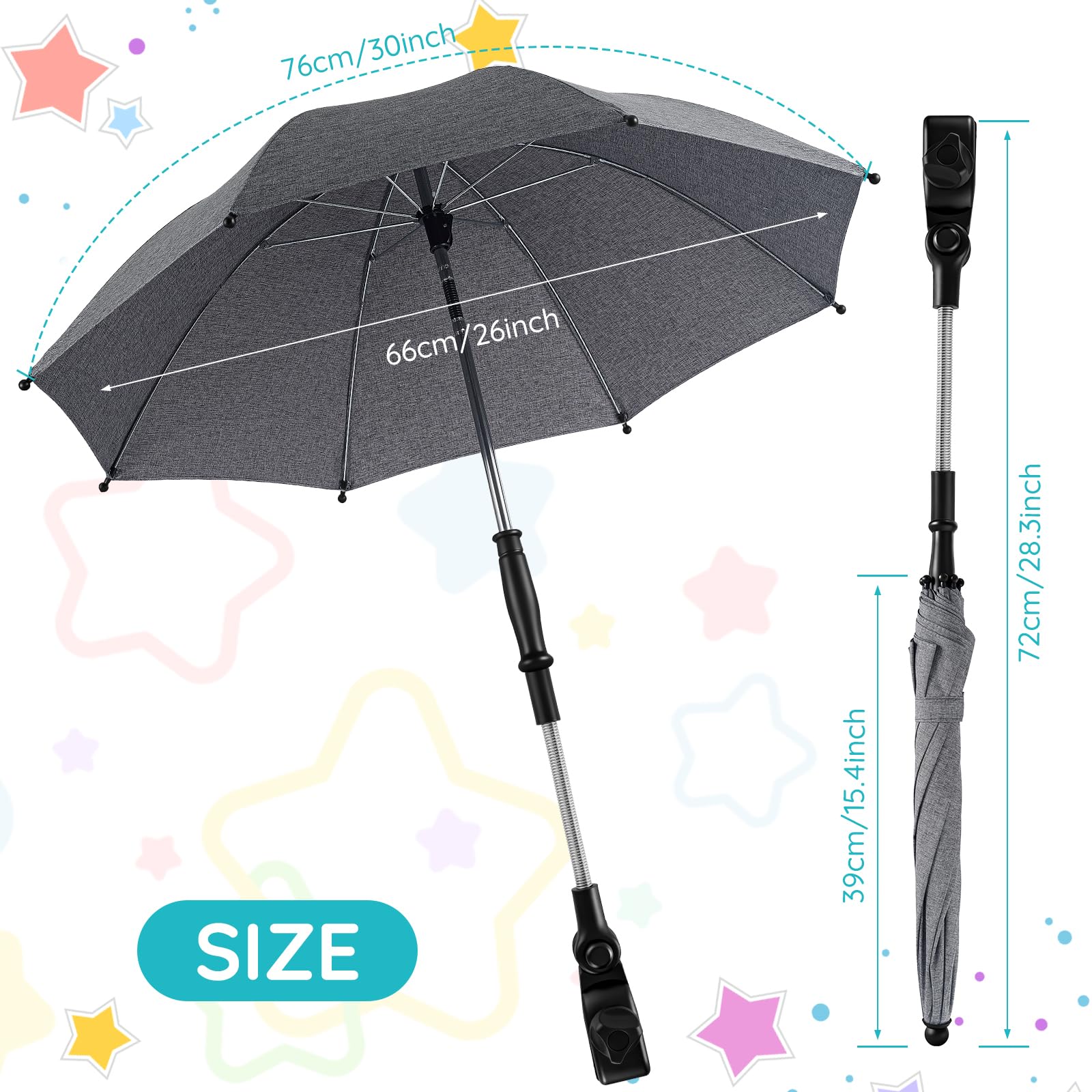 Universal Sonnenschirm kinderwagen, UPF50+ Sonnenschirm Buggy,flexibler Sonnenschutz mit 76 cm Durchmesser, einfach montierbar auf Rund- und Ovalrohre