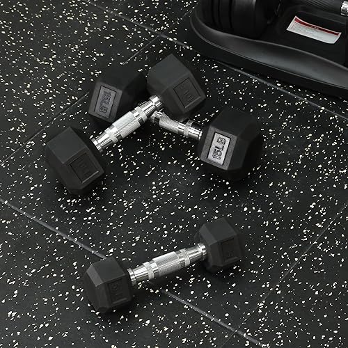 Miniatura 4 de Signature Fitness Juego de mancuernas hexagonales con revestimiento de goma con estante, juegos de pesas para entrenamiento en casa, juego de 100