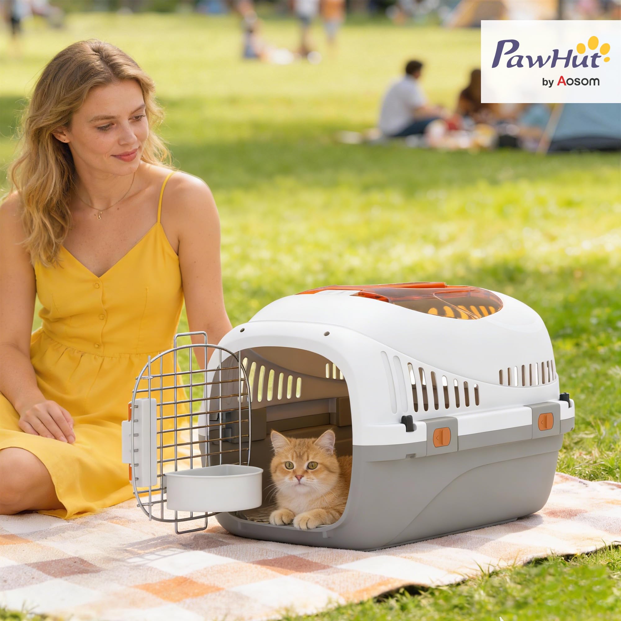 PawHut Caisse de Transport Chat et Chien, Cage de Transport pour Chats et Petits Chiens jusqu'à 4 kg, Porte Acier, Bol de Nourriture, Fermeture sécurisée, 49 x 32 x 31 cm, Gris et crème