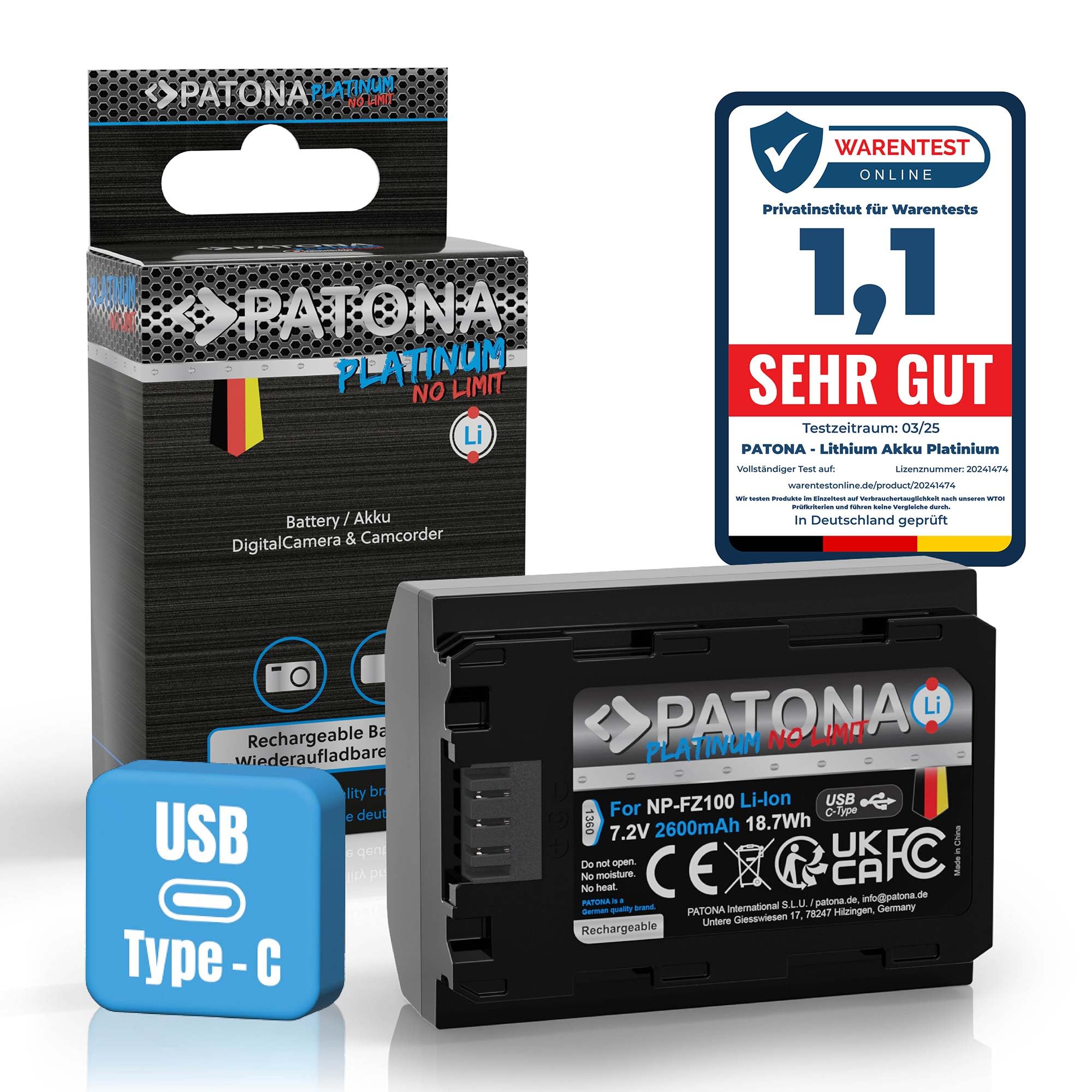 PATONA Platinum NP-FZ100 Batería 2600mAh con Entrada USB-C – Repuesto para Sony NP-FZ100 – para Alpha A1, A7 III IV, A7C, A7R III-V, A7S III, A9, A6600, ZV-E1, FX3 FX30 – Carga sin Cargador