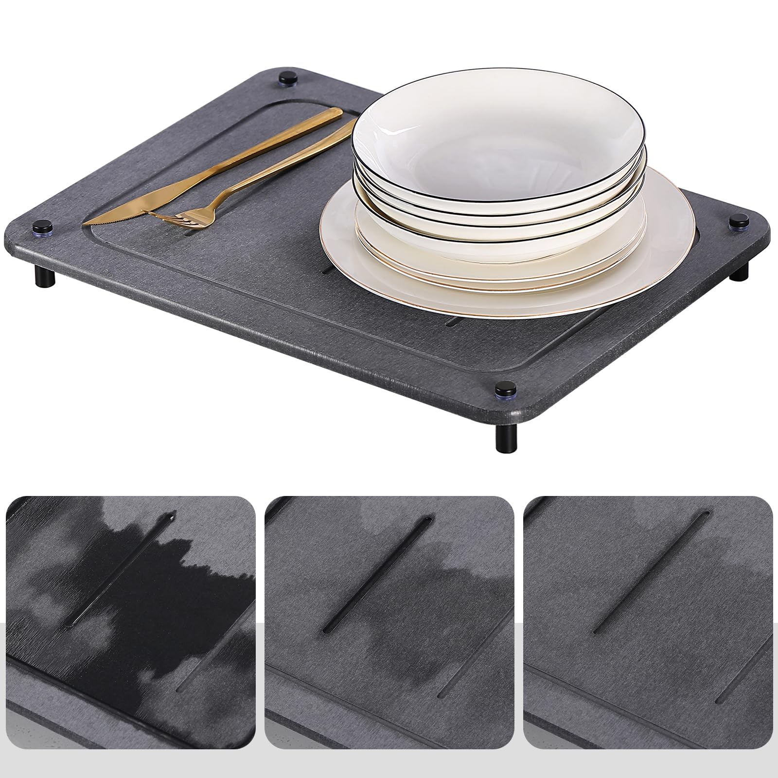 Quick Drying Stone Mat for Kitchen Counter, Diatomaceous Earth Stone Dish Drying Mats, Super Absorbent Non-Slip Drying Matt Kitchen Counter with Stainless Steel Feet, 15.7"×11.8", Dark Grey.