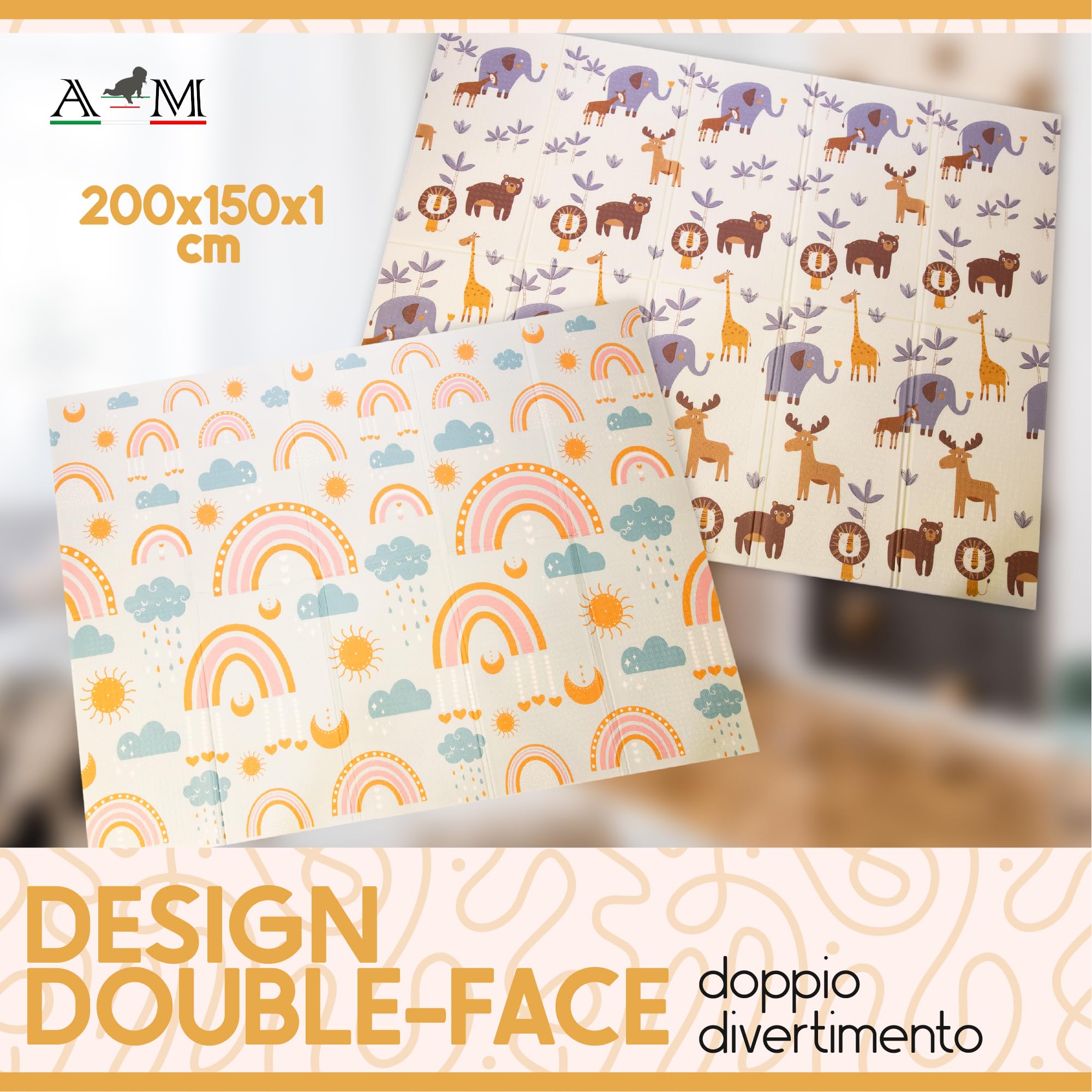 A&M Italia Tappeto Gioco Bambini Pieghevole 200x150cm con Borsa da Trasporto - Tappetino Gattonamento Neonato Sensoriale, Antiscivolo e Impermeabile