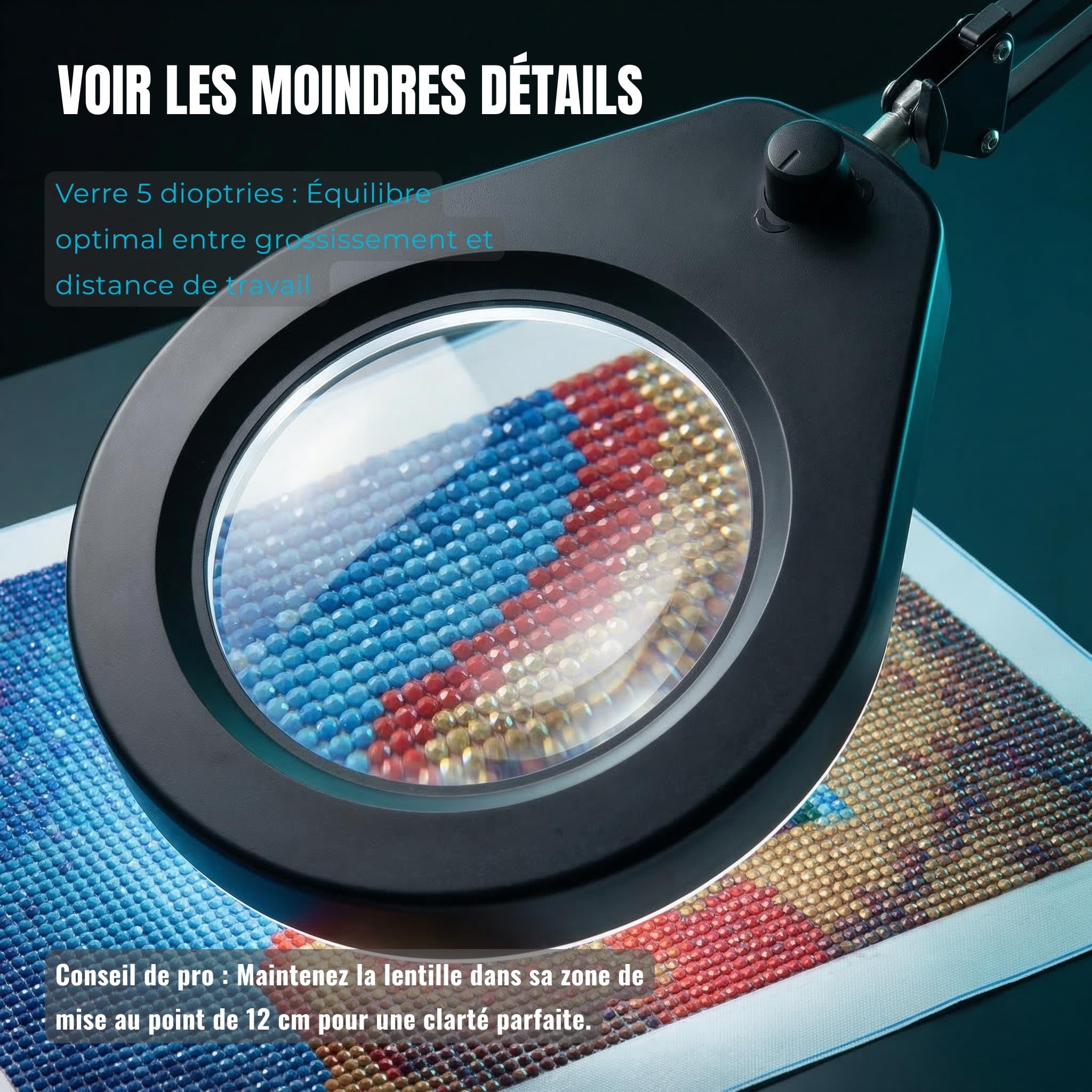 Lampe Loupe avec Socle et Pince, Loupe Éclairée 105 mm 5X, Lumière Dimmable (5 Couleurs, 10 Niveaux, 790 LM), Bras Pivotant Réglable - Mains Libres pour Travaux de Précision
