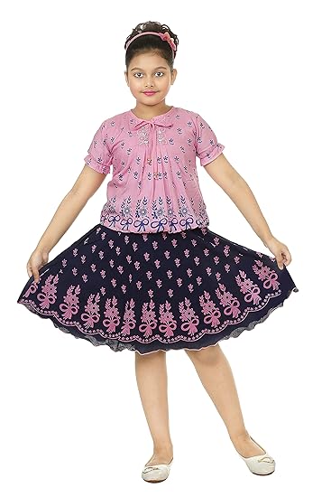 ANG Fashion Girls Casual & Party Festive -Regular Sleeve Solid Block Printed Top & Skirt