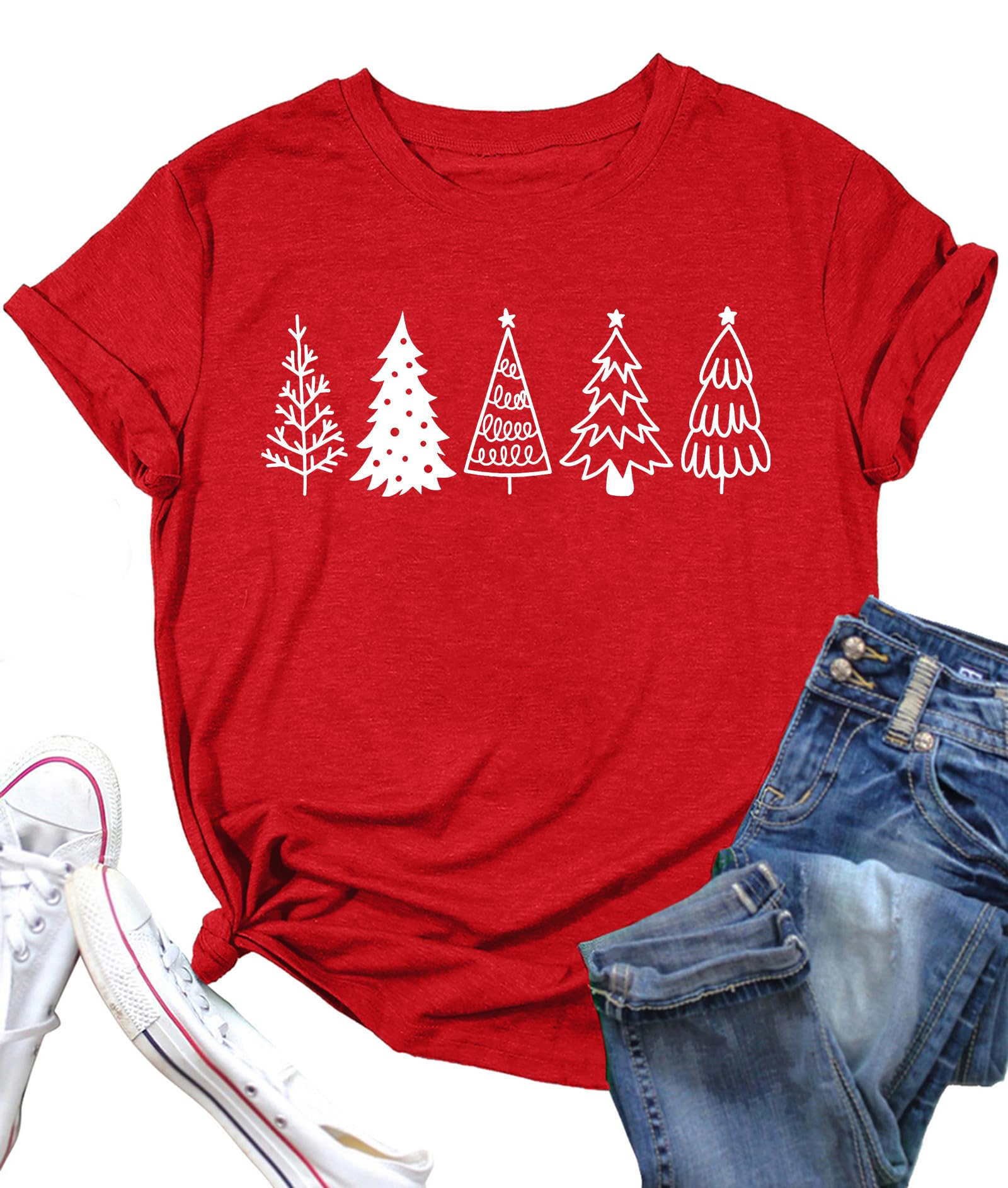 Christmas Tree Shirt for Women Merry Christmas Printed T-Shirts Short Sleeve Holiday Tee Xmas Gift Tops