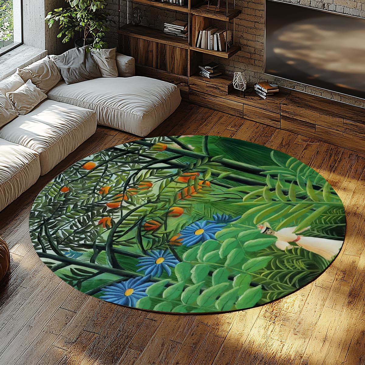 Tapis de sol rond lavable en cuisine ou salle à manger style jungle 135cm